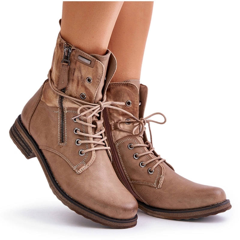 Kotníkové Boty Kožené Eko Workery Na Zip S Plochým Podpatkem, Tmavě Béžové, Velikost 37