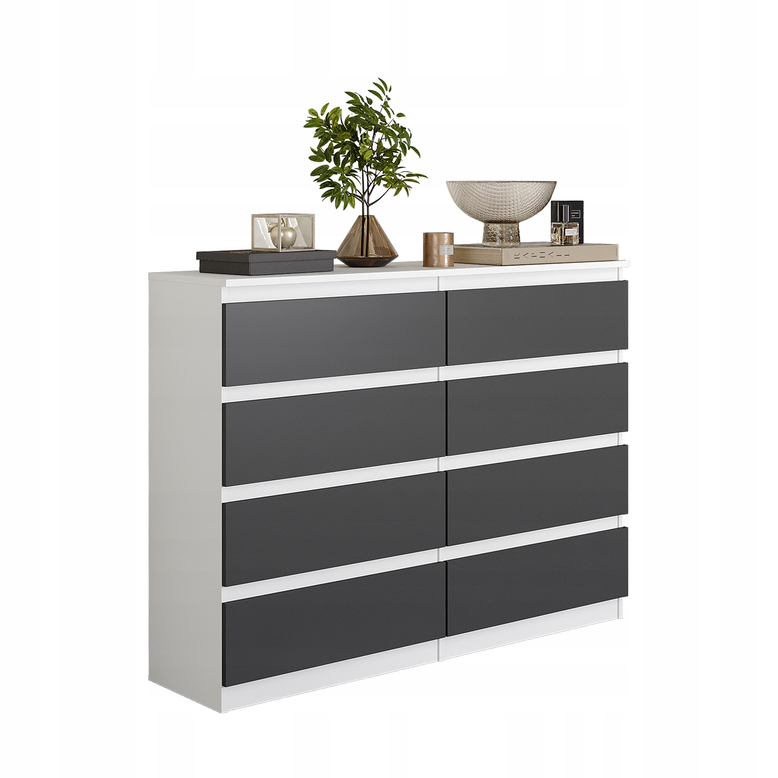Komoda 120 CM Bílá Matná Antracit 8 Zásuvek, Obývací Pokoj, Ložnice
