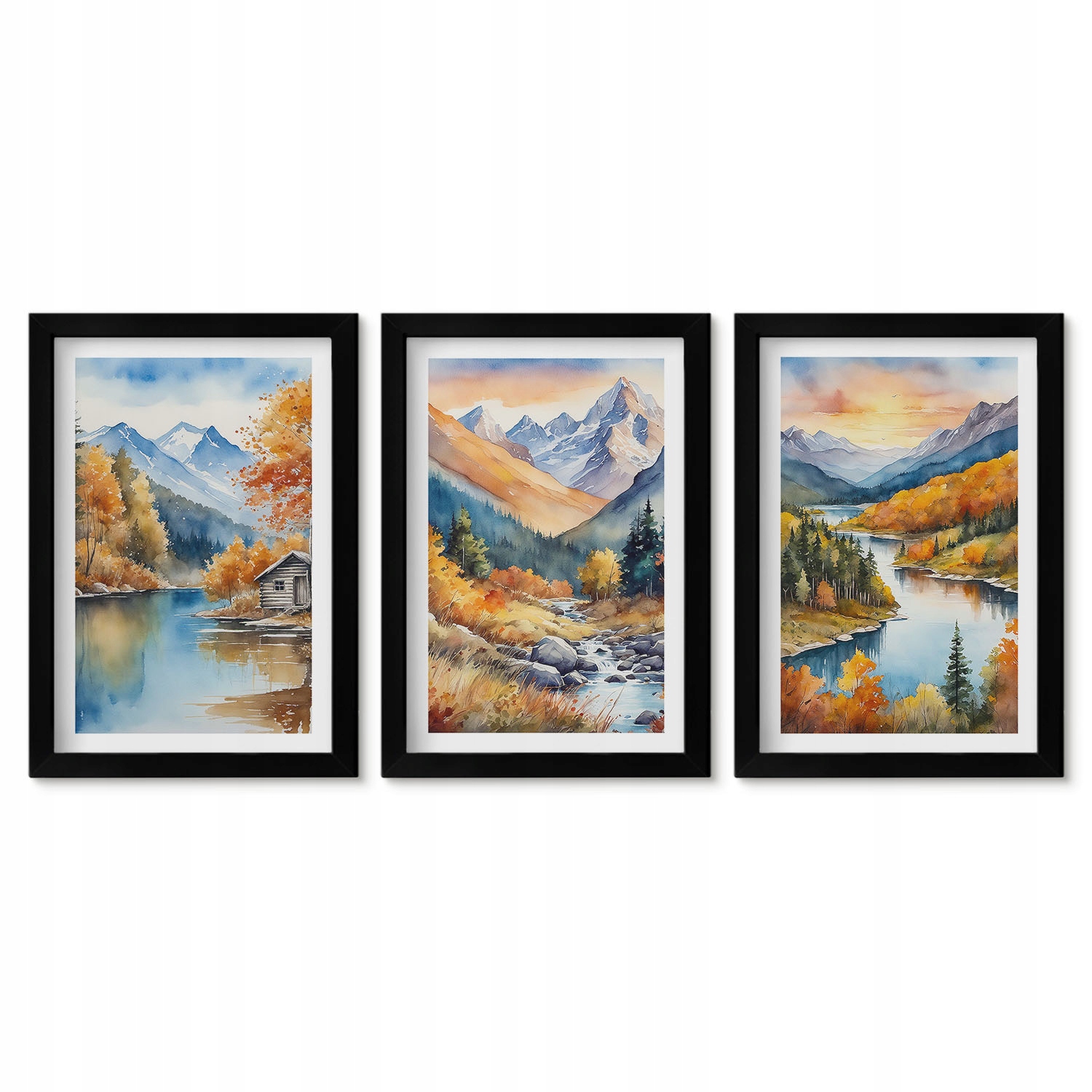 Sada obrazů do obývacího pokoje Triptych 3x 20x30 Horská krajina řeka podzim