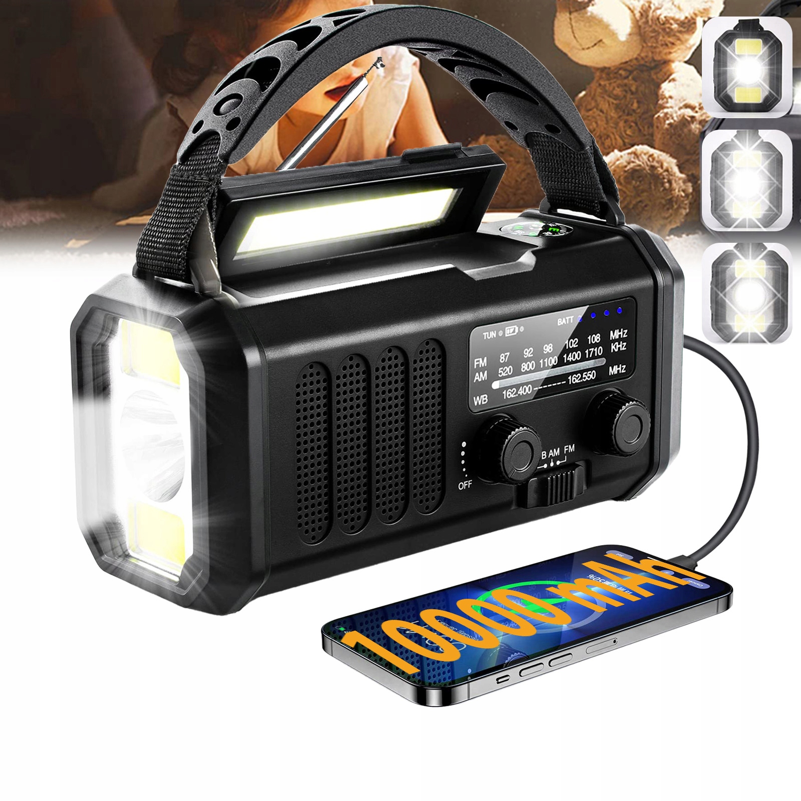 Přenosné Solární Rádio Korbka Alarm Dynamo Nouzová Svítilna 10000 mAh