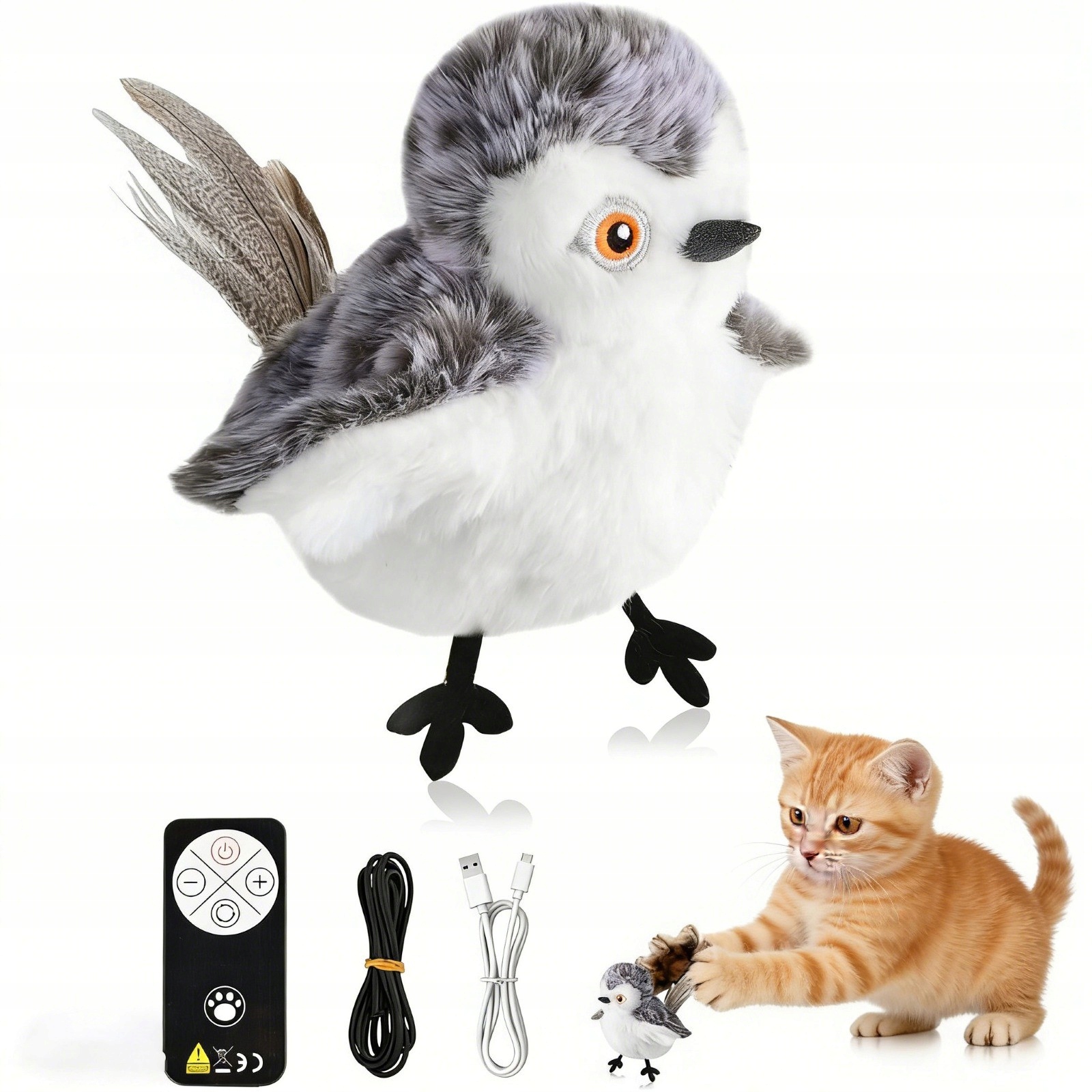 Levně Interaktivní plyšová hračka pro kočky ptáček s pohybem, zvuky ptáků, Realistické Zvuky Sova