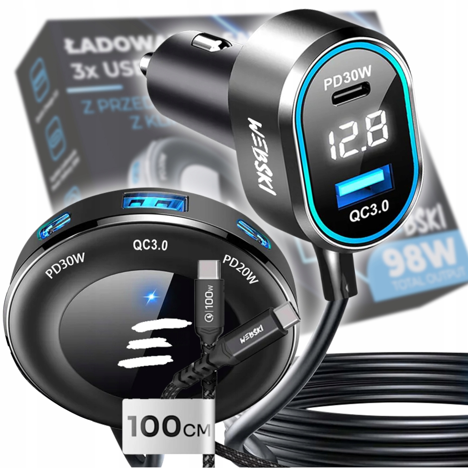 Automobilová Klip Na Křeslo 98W 2xUSB 3xUSB-C LCD Kabel 100CM