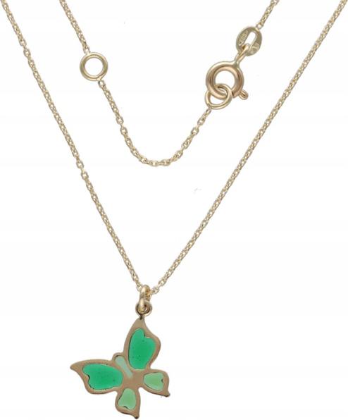 Zlatý náhrdelník pro ženu 585, zelený motýl na řetízku, moderní vzor