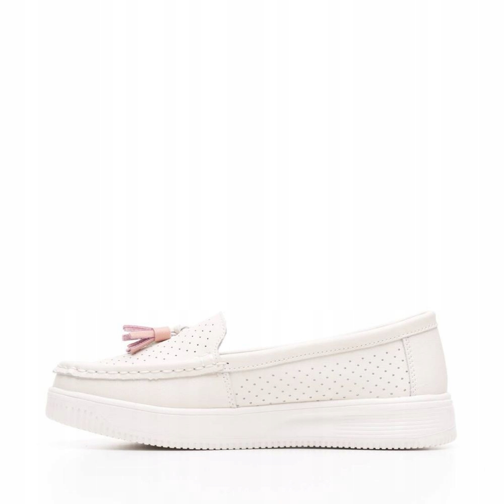 BEŻOWE JASNE MOKASYNY SKÓRZANE AŻUROWE PLATFORMY CHWOSTY POLSKIE 40 Wzór dominujący bez wzoru