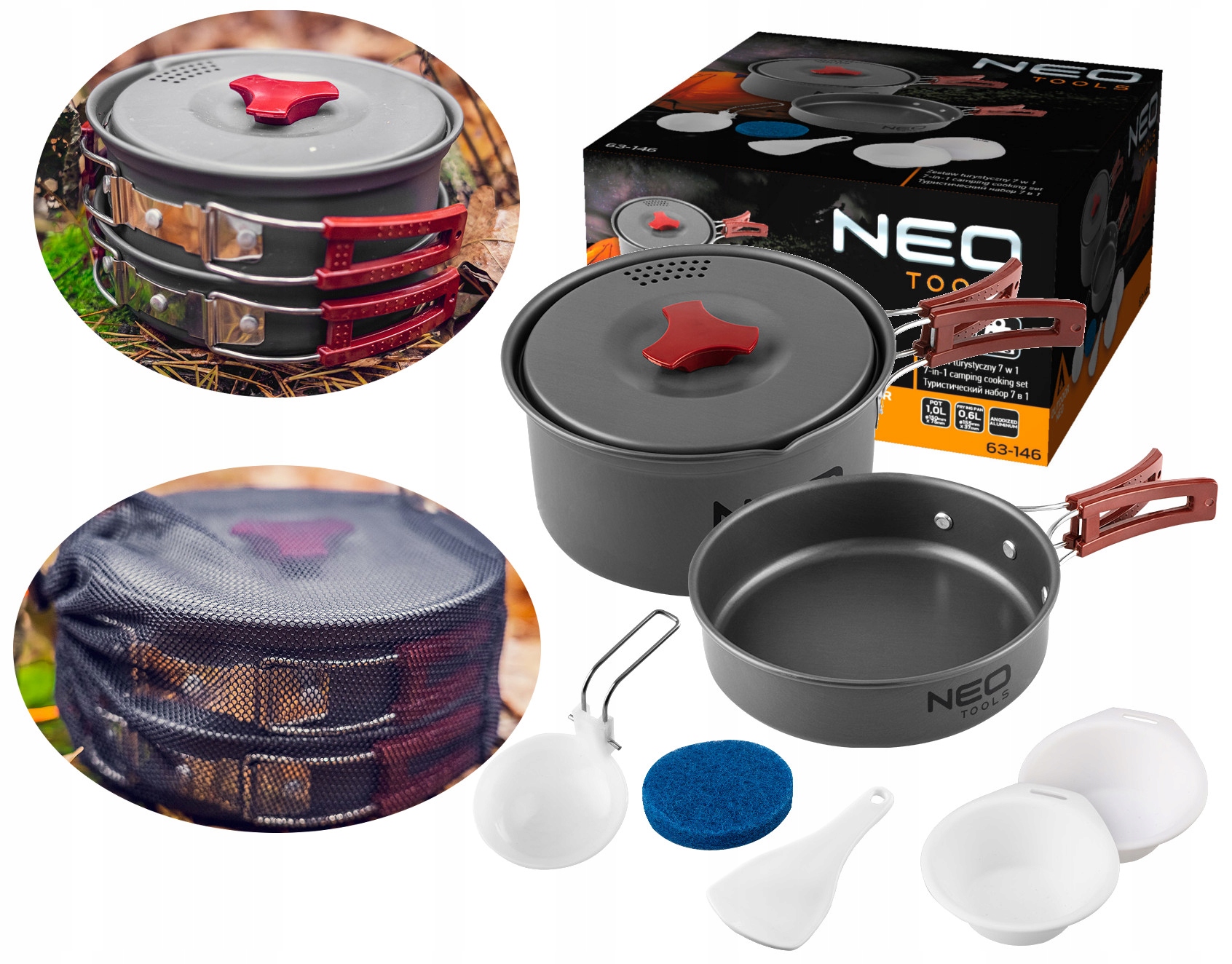Neo Turistické Nádobí Sada Kemping Hrnec Pánev Talíře 7V1 63-146