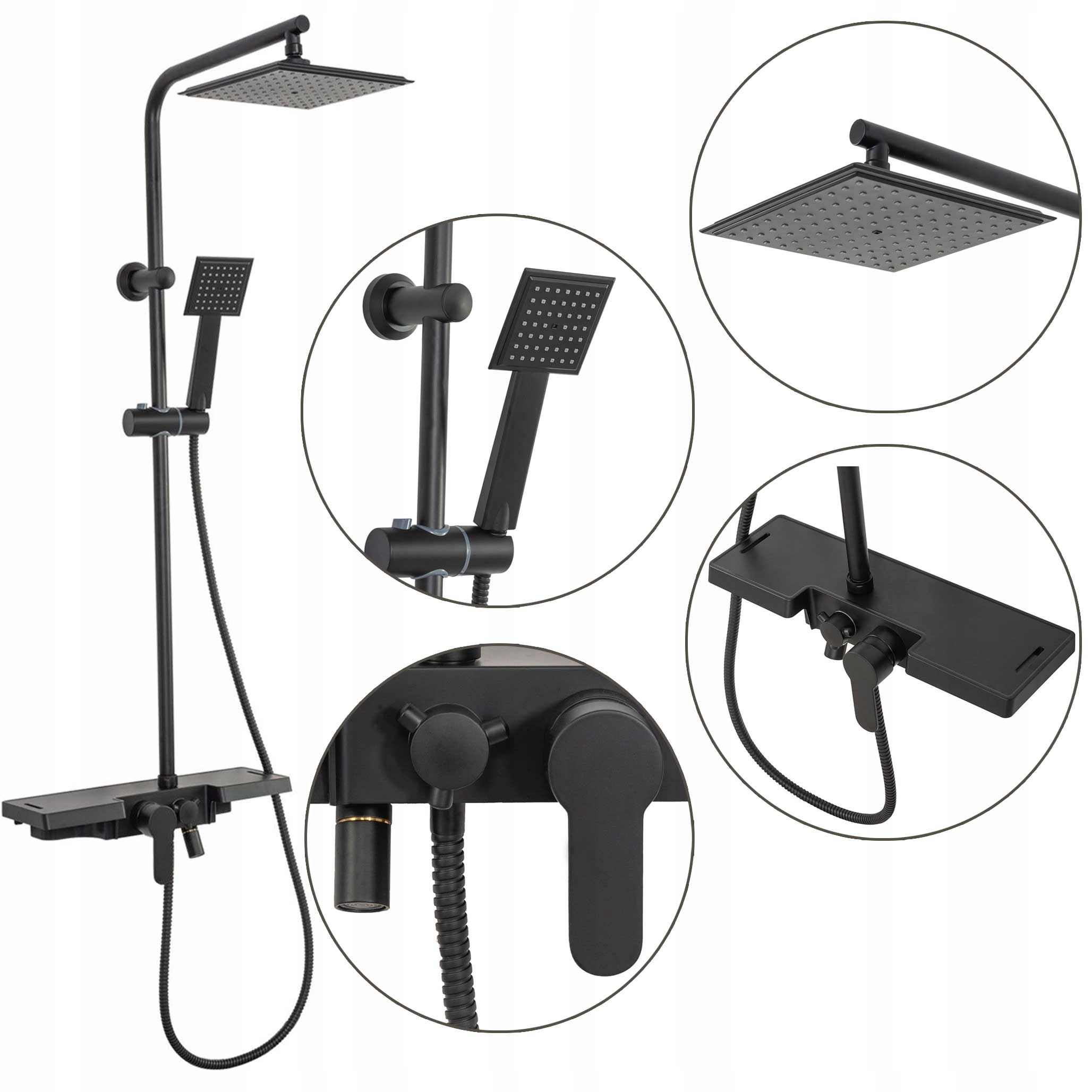 Nástenná sprchová súprava čierna matná Rea Bravo polica dažďová sprcha