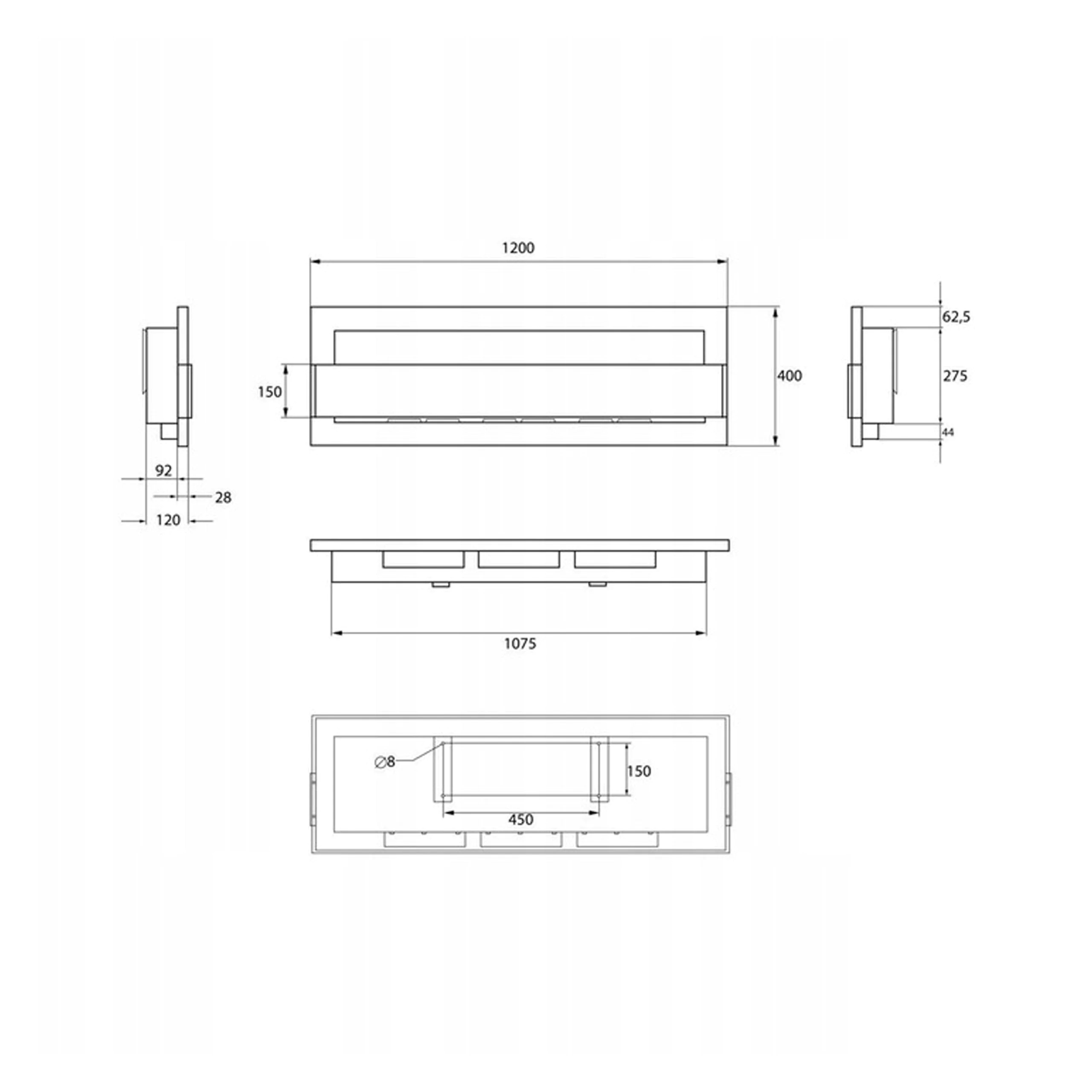 Biokominek płaski wiszący 1200x400 czarny z szybą Kolor czarny