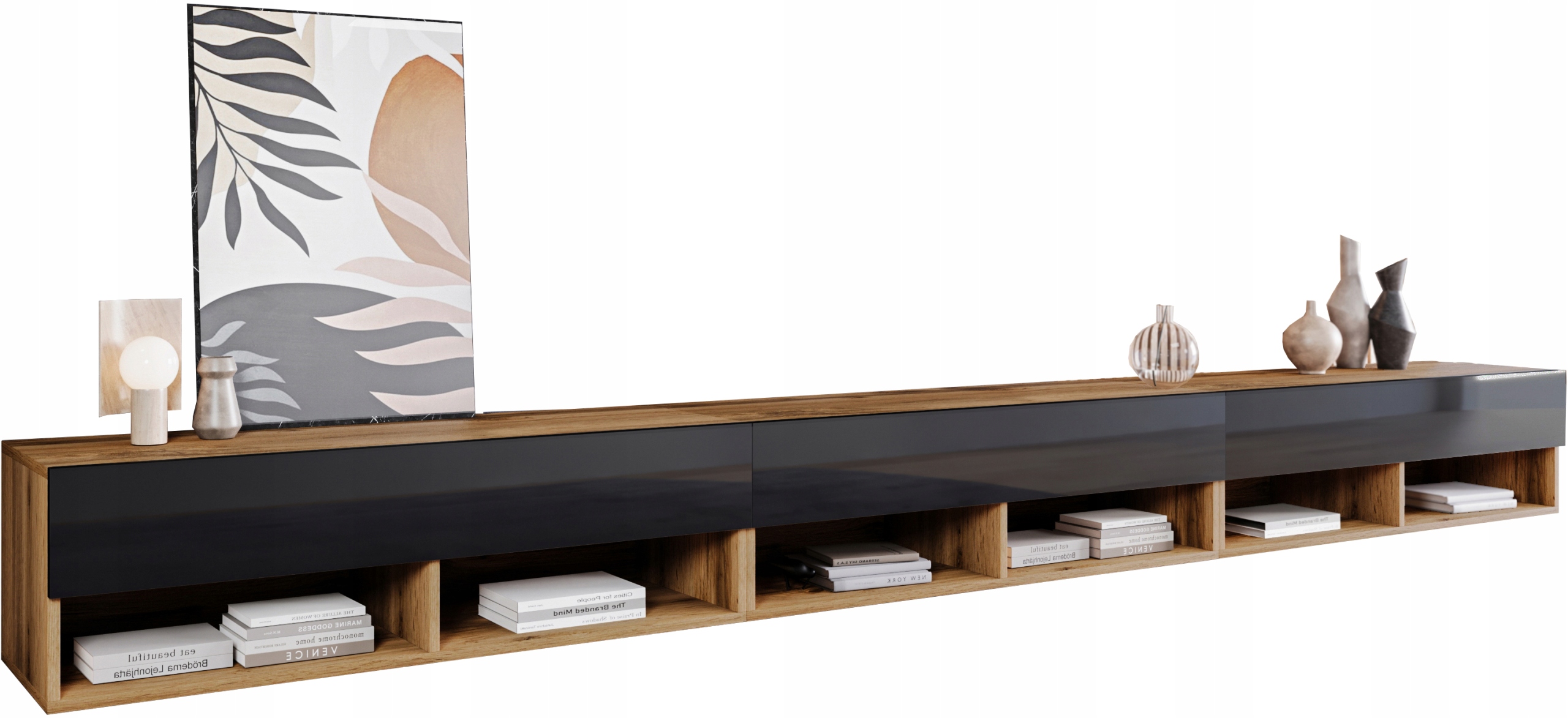 Moderní Rtv skříňka 300 cm bezúchytková wotan matná/černý lesk s Led