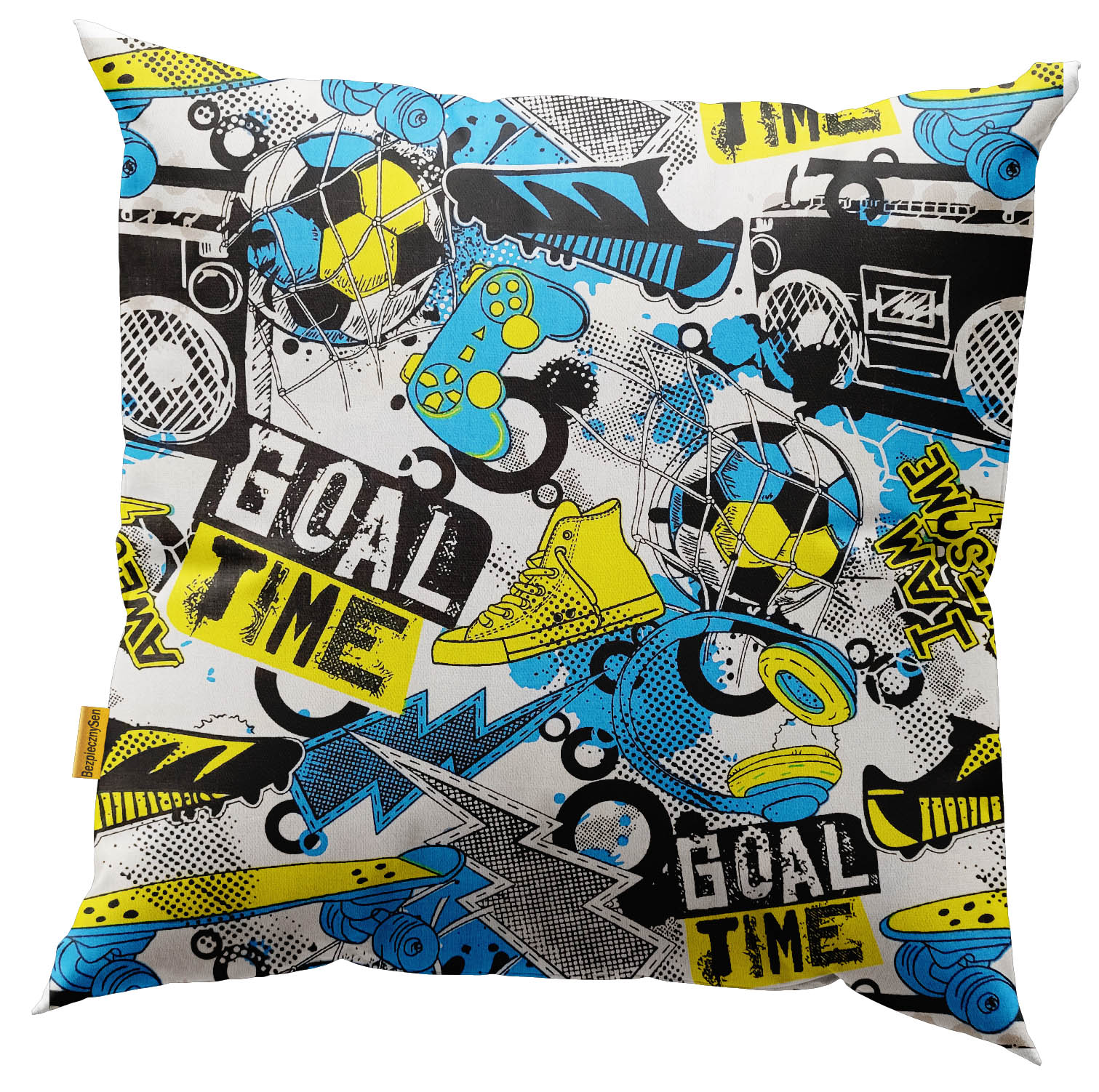 Poszewka na poduszkę 40x40 cm . Piłka trampek słuchawki, młodzieżowa.