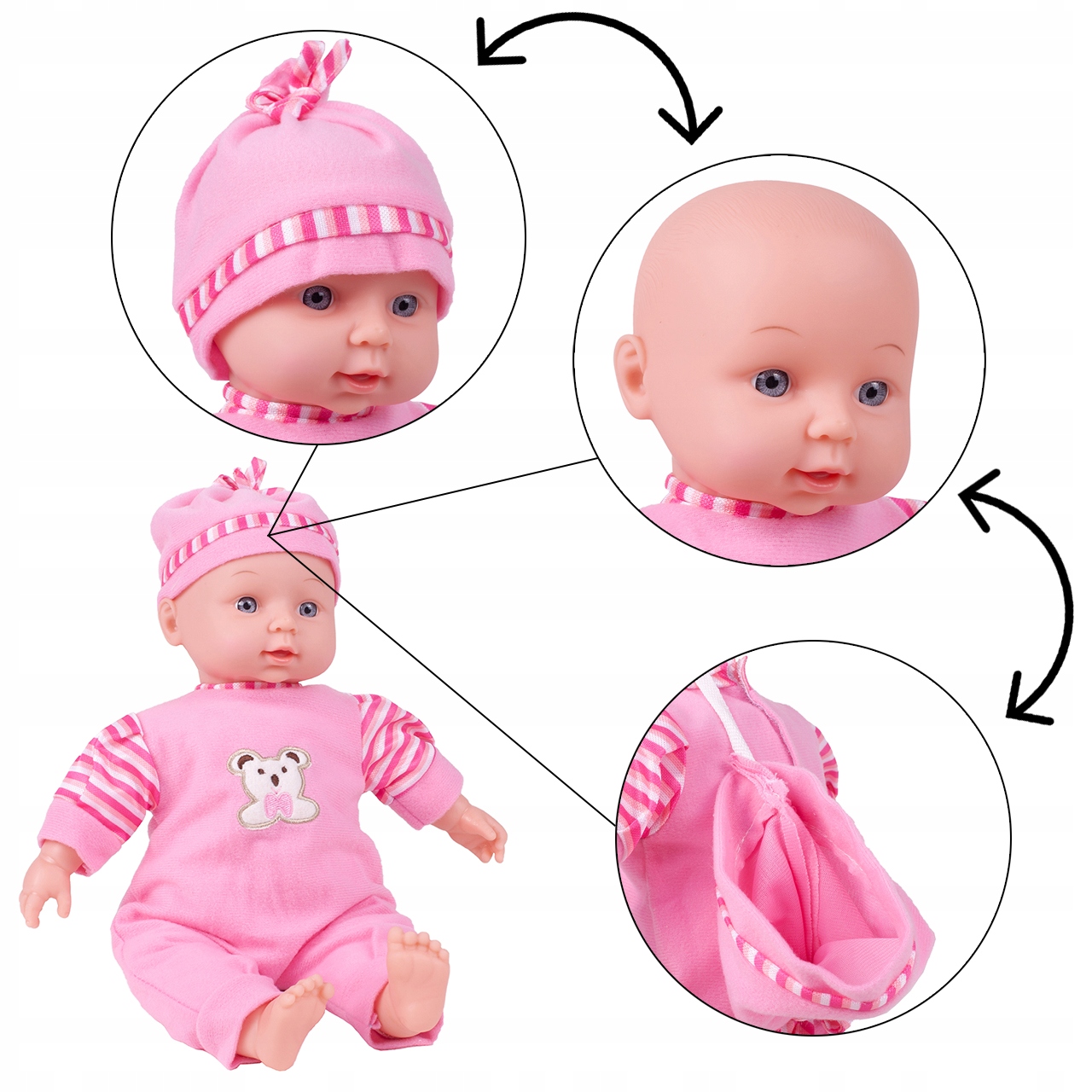 LALKA BOBAS W ŚPIOSZKACH MÓWI ŚMIEJE SIĘ 34CM MIĘKKA ŚLICZNA UBRANKO CZAPKA Wysokość produktu 34 cm