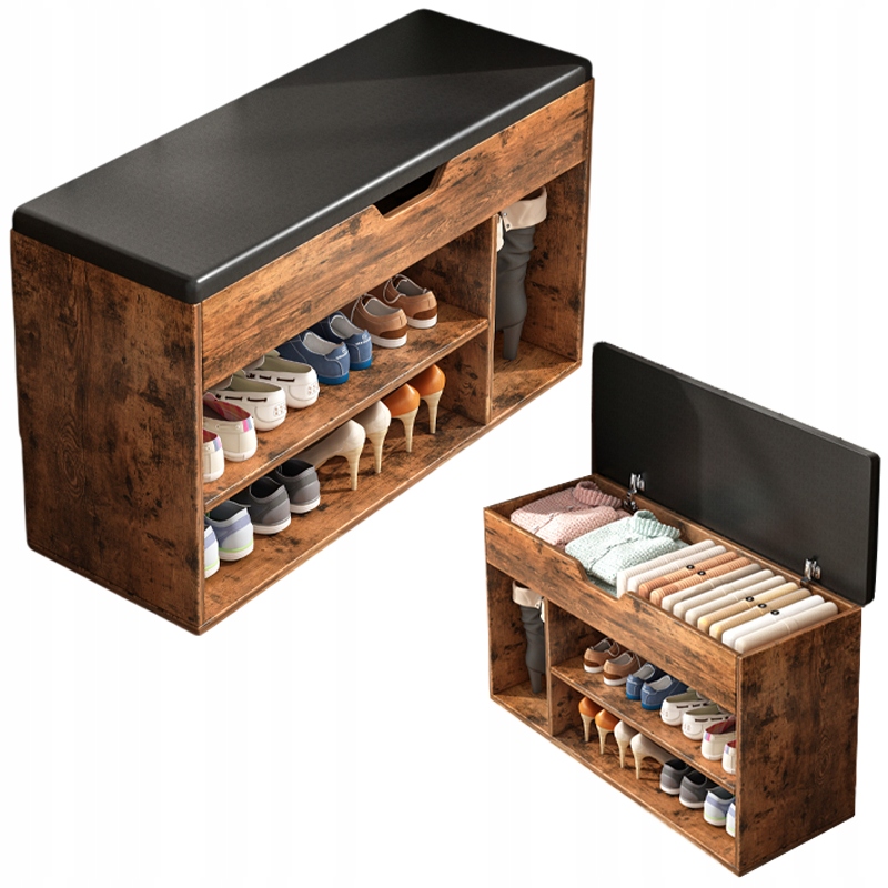 Botník Prostorná S Sedákem, Úložný Prostor, 2 Police, Dřevěný Retro Loft