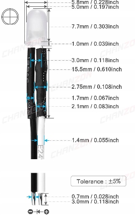 

Dioda Led 5mm z opornikiem 12V przewód 15 cm