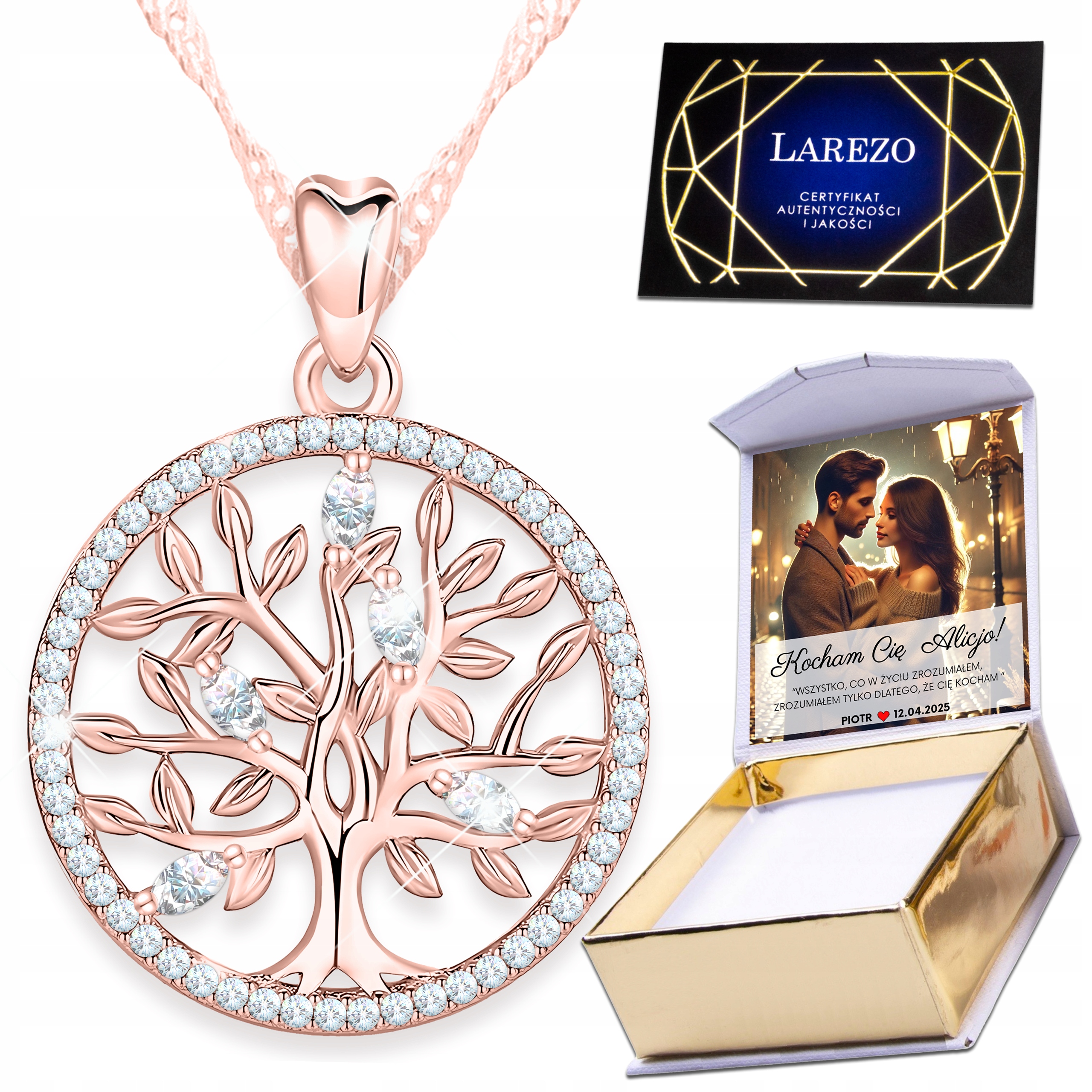 Pozlacený náhrdelník 925 Kulatý s zirkony Sandálový strom života Potisk