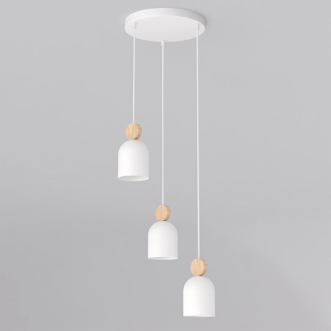 Závesná lampa GU10 biela, 3-bodová, oceľ a drevo, 140 x 34 cm