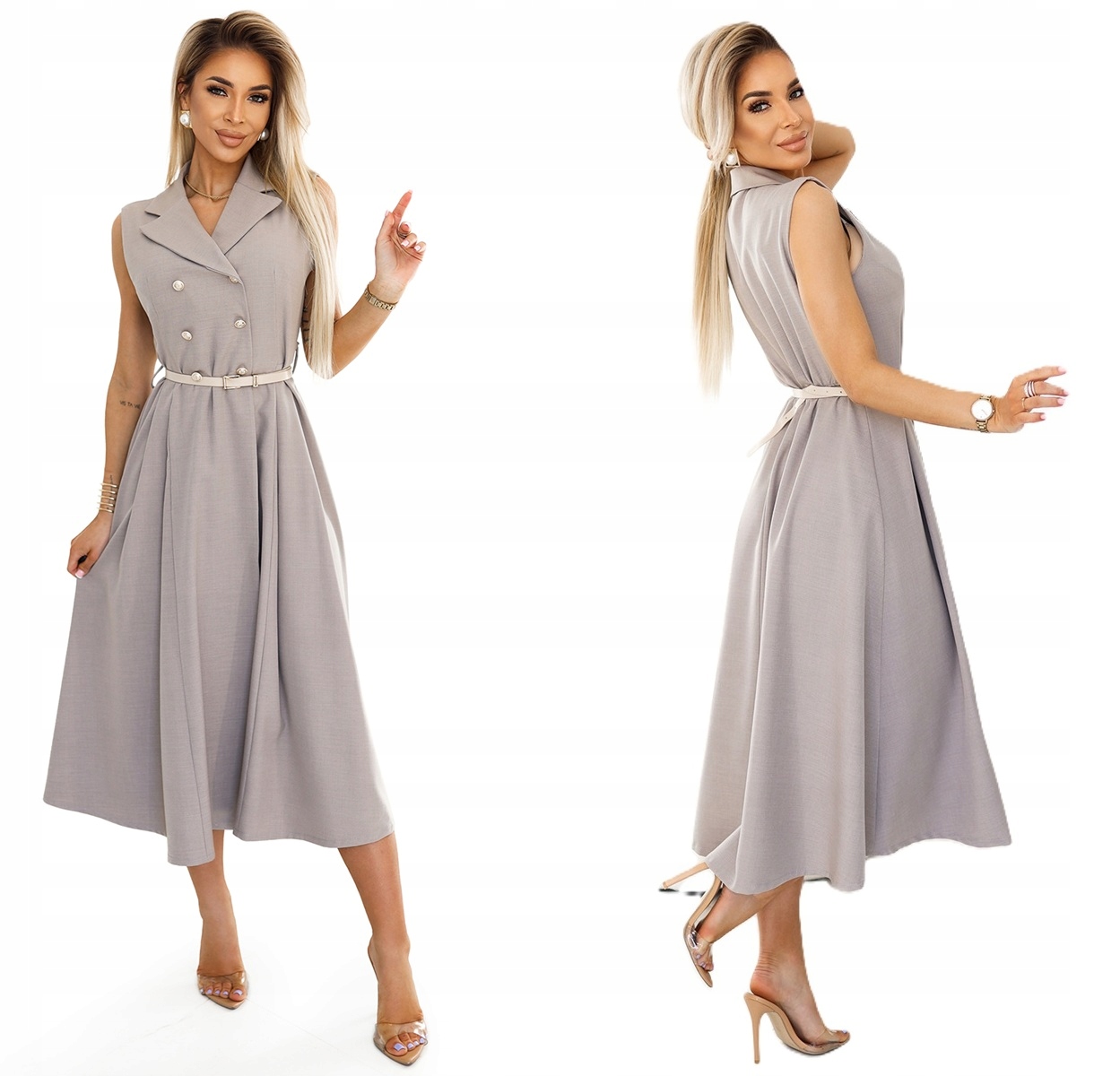 Elegantní Košilová Šaty Se Zlatými Knoflíky A Páskem, Šedá Béžová