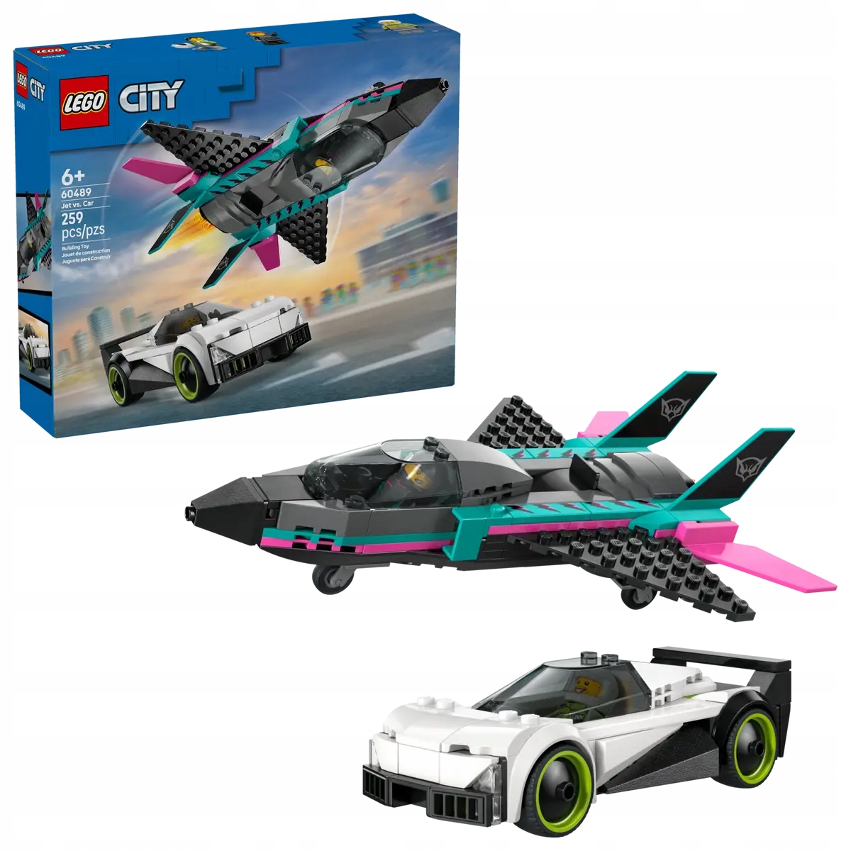 Lego 60489 nadzvukový tryskáč, závodní automobil, pilot a řidič