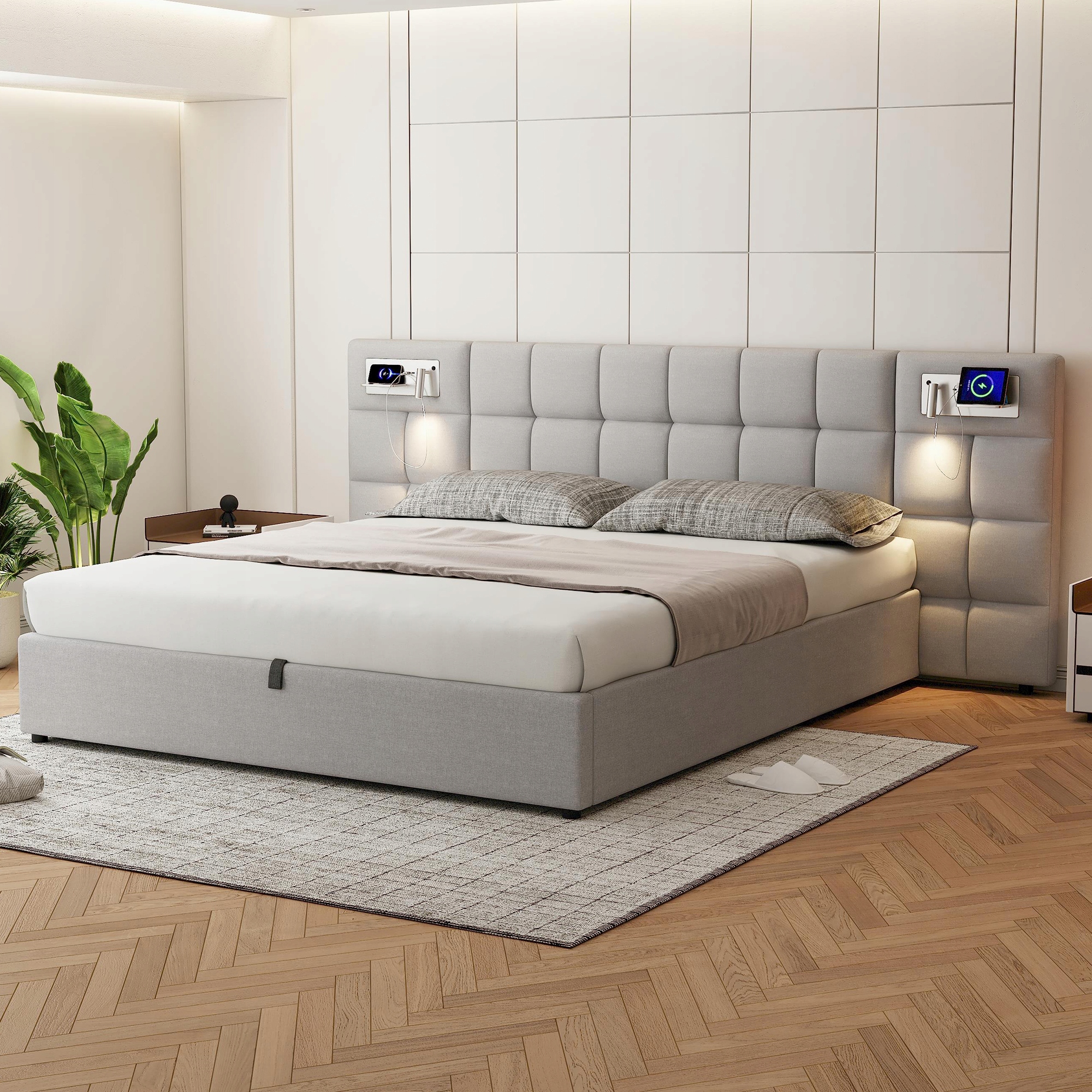 Čalouněná postel 180x200, hydraulické lůžko, osvětlení Usb, lněná šedá