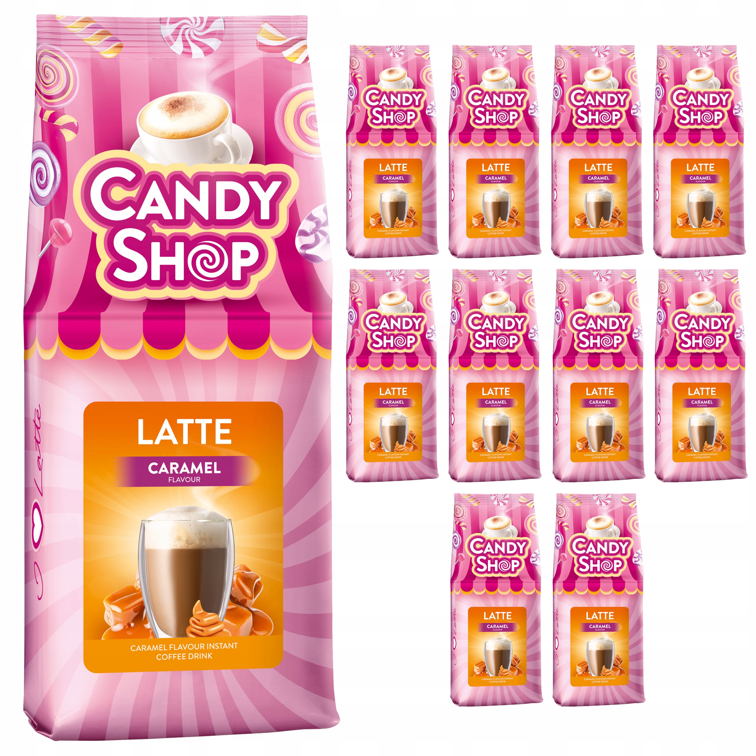 Zestaw 10 sztuk Latte Napój Kawowy Candy Shop o smaku Karmelowym 400 g