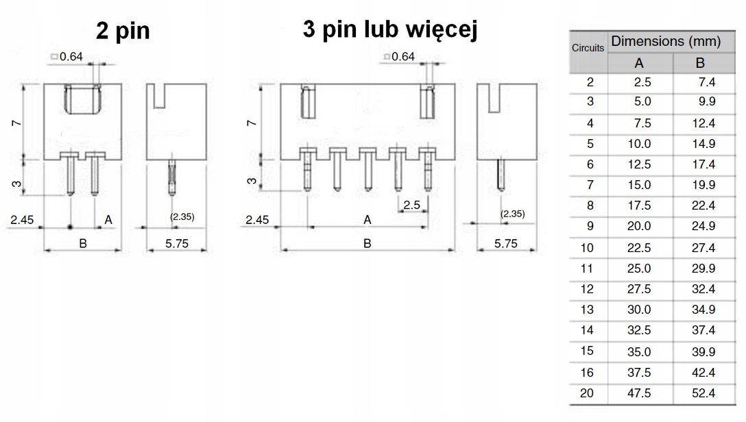 Złącze JST XH2.54 gniazdo 3 pin 10 szt. Symbol JST XH2.54 gniazdo 3 pin