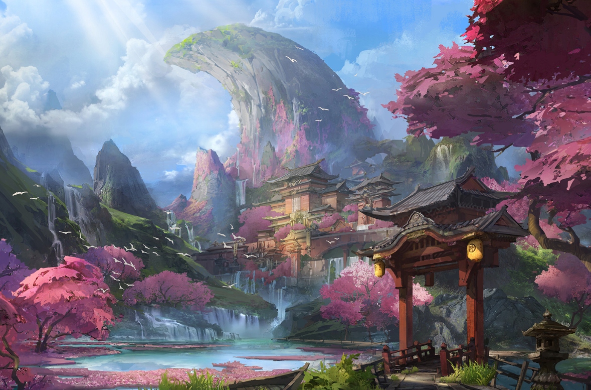 Diamantová výšivka Krajina Park Hory Vodopád Palác Višeň Velký 80x120 cm