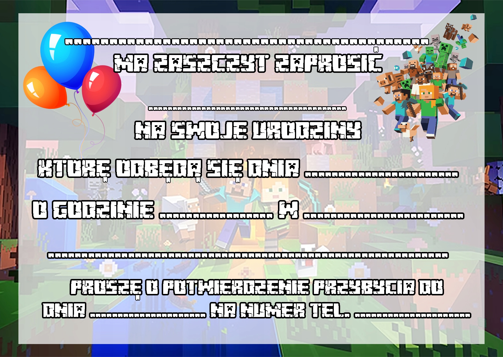 ZAPROSZENIE MINECRAFT ZAPROSZENIA MINECRAFT CREEPER TNT URODZINY Marka inna