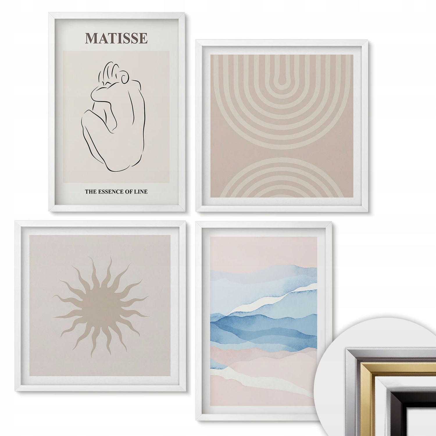 Sada nástěnných foto 4 obrazů Komplet Linie vlny pastel minimalistické
