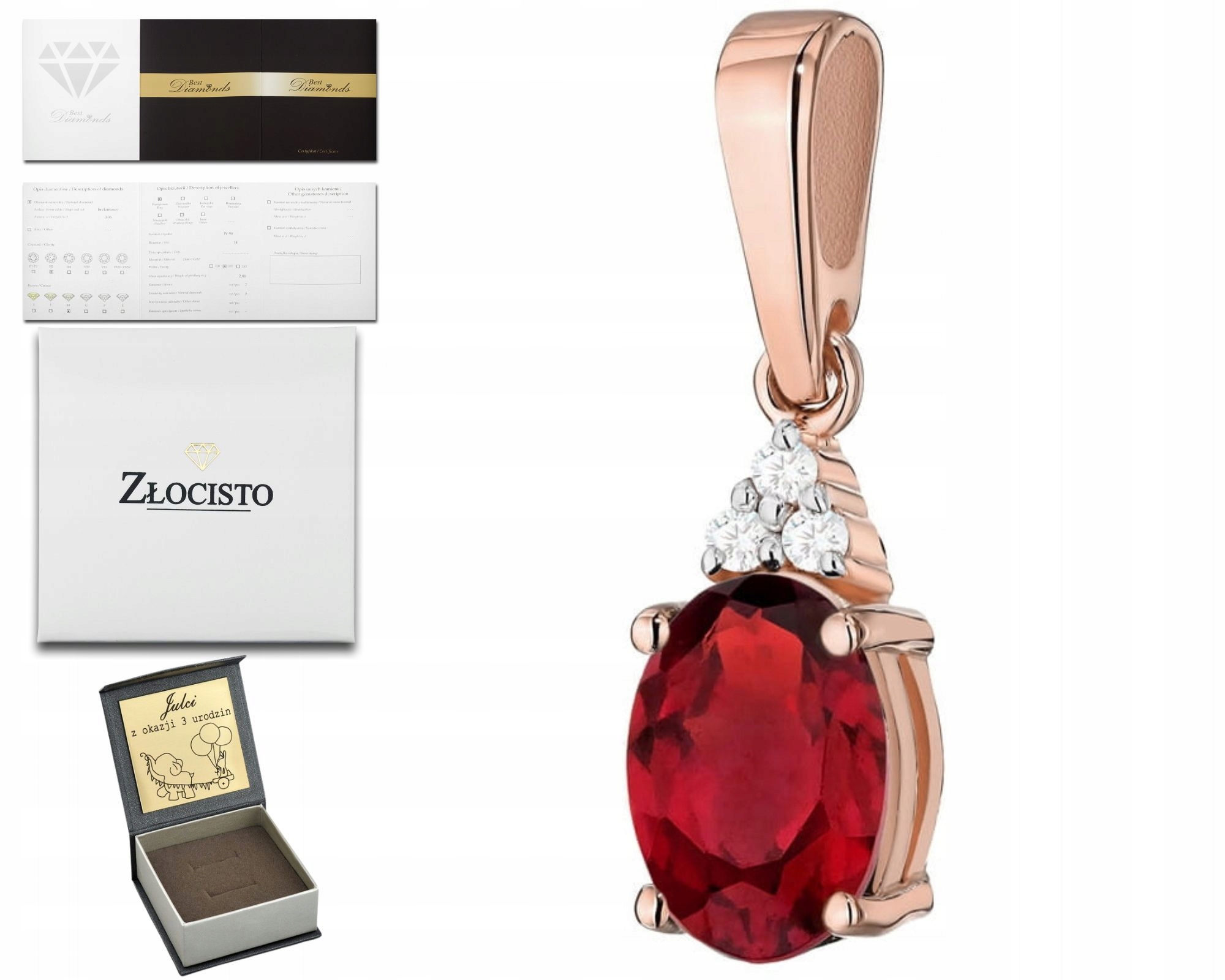 Růžové Zlato Přívěsek Diamant A Přírodní Kámen Rubín Vínový Dárek