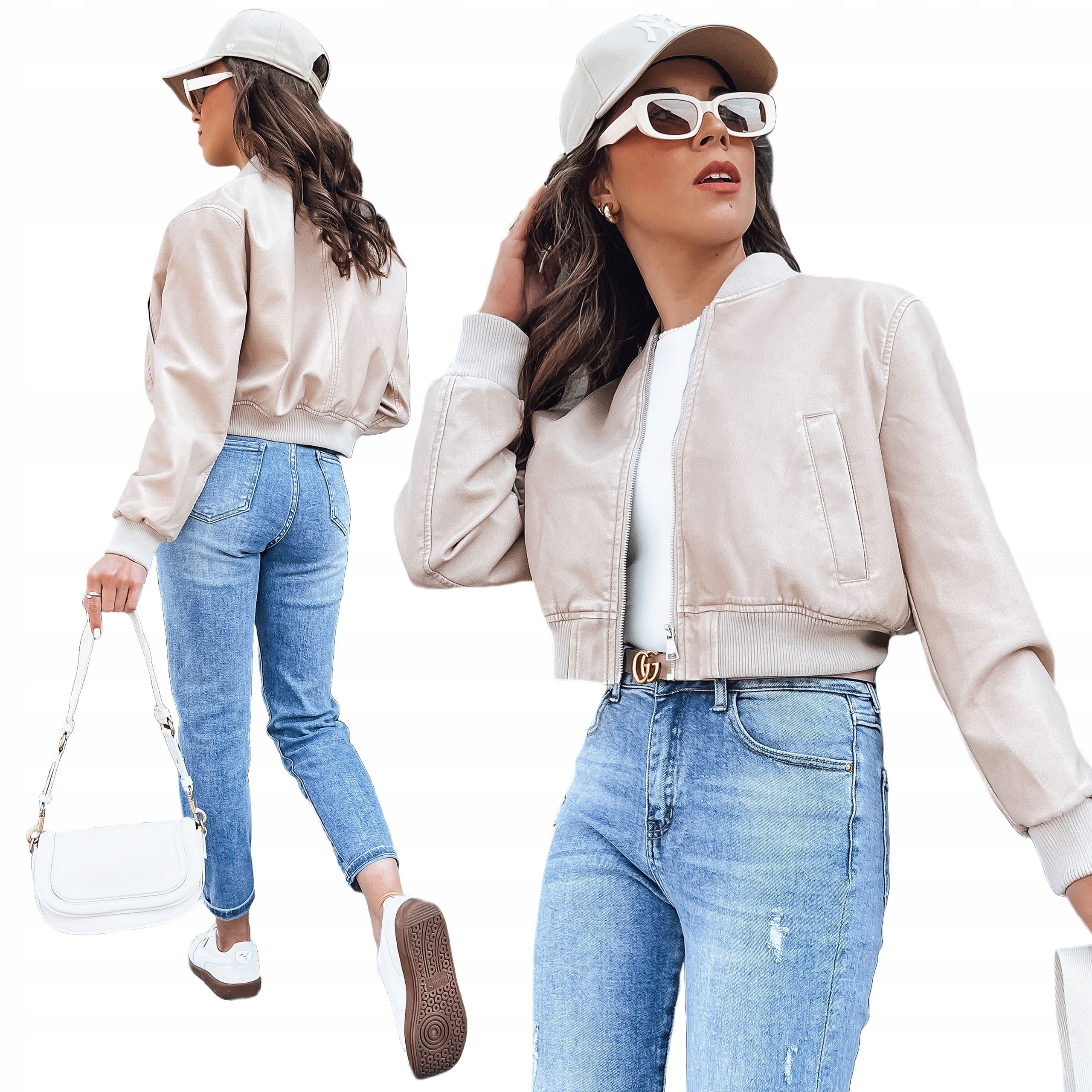 Beżowa Kurtka Damska Skórzana Typu Bomber ty4339 L