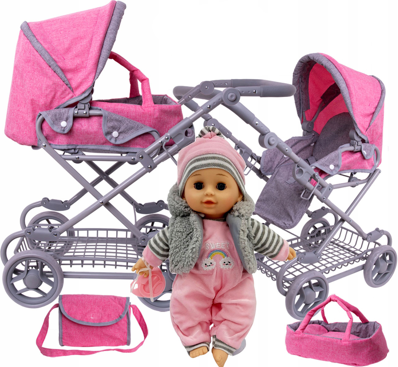 WÓZEK DLA LALEK 3w1 NOSIDŁO TORBA POŚCIEL KOSZ
