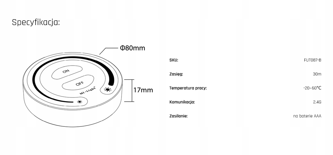 Pilot Dotykowy Naścienny 1-Strefa MONO MiLight Stan opakowania oryginalne