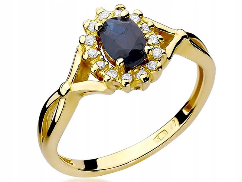 Elegantní zlatý prstýnek 585 slzička se safírem a diamanty r10 dárek