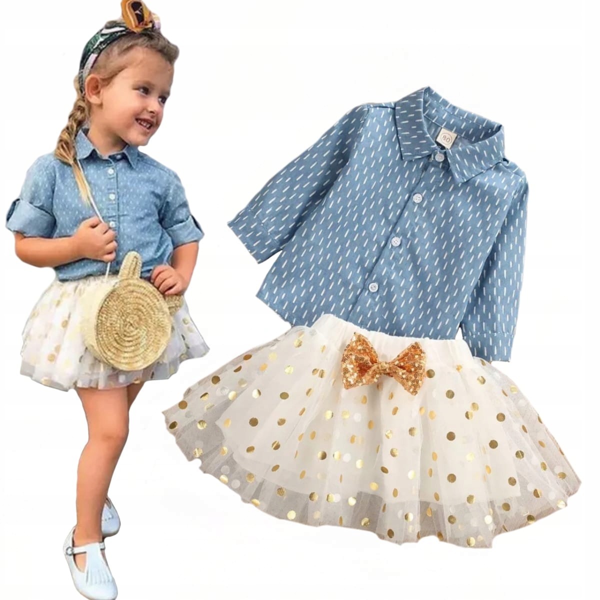

Koszula jeans spódniczka groszki Tutu komplet 80
