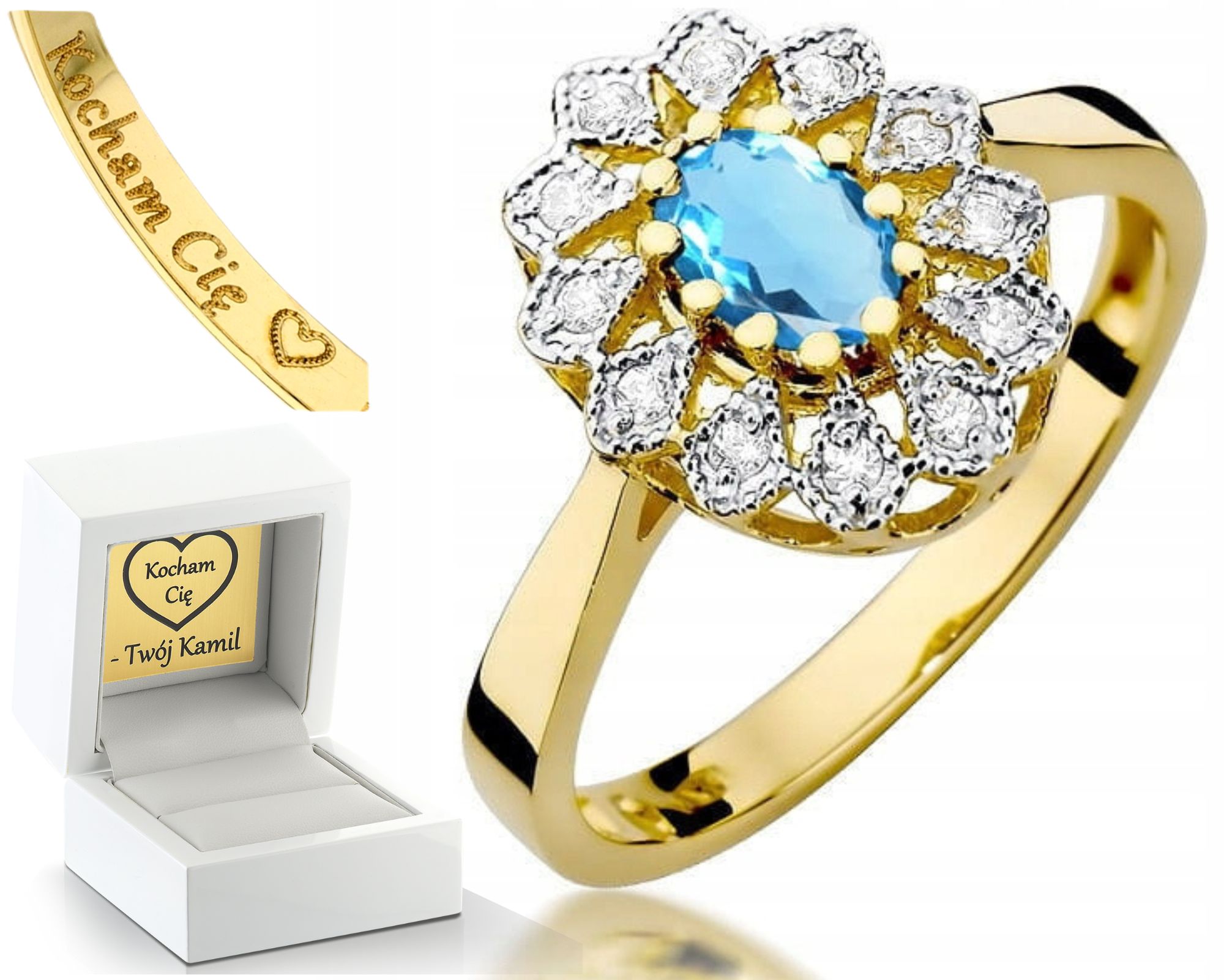 Zásnubní Prstýnek Žluté Zlato Topaz A Diamanty Gravírování 585 Dárek