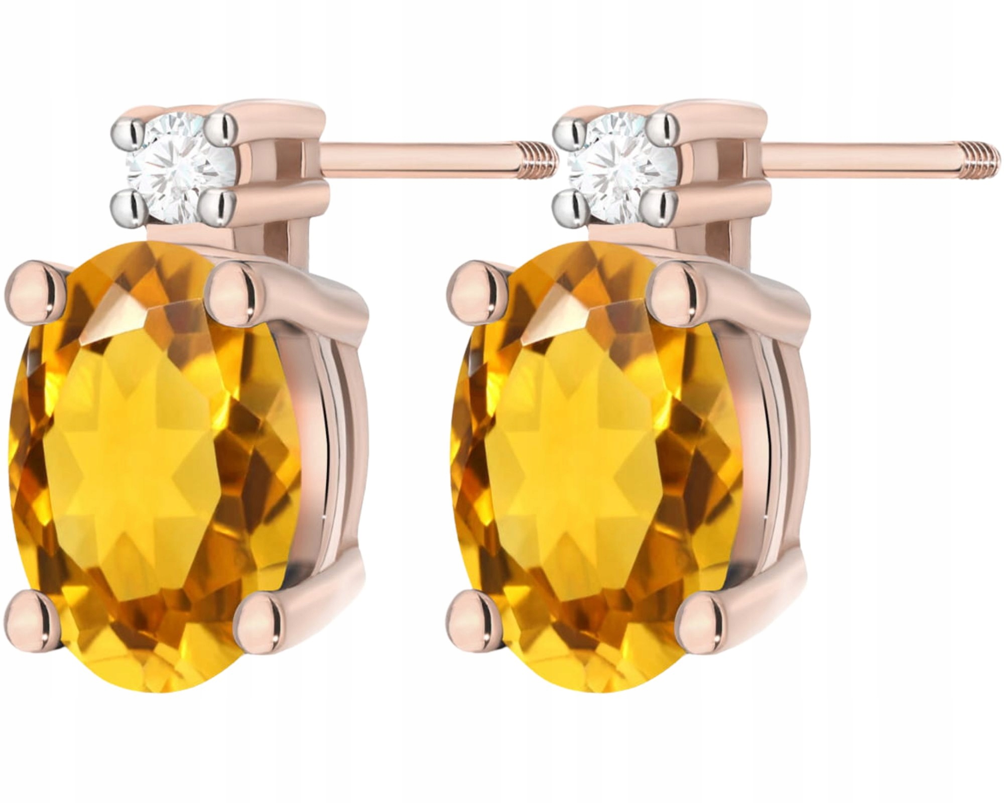 Růžové Zlato Náušnice Přírodní Citron A Diamanty Šroubovací Tyčinka 585