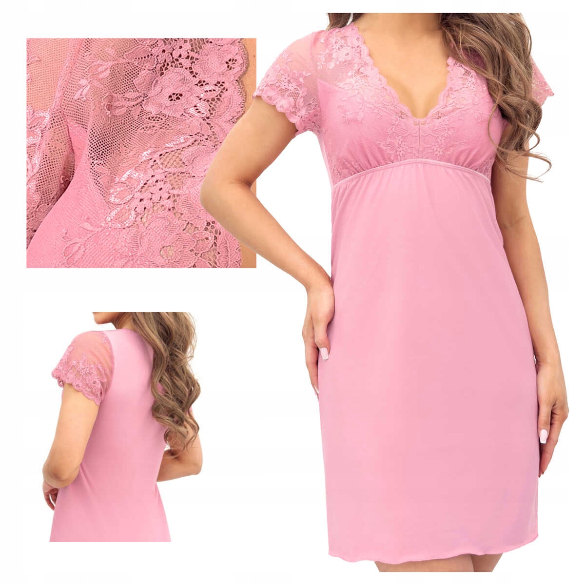 Donna Košile noční z viskózy s krátkým rukávem, krajka Daria starorůžová XL