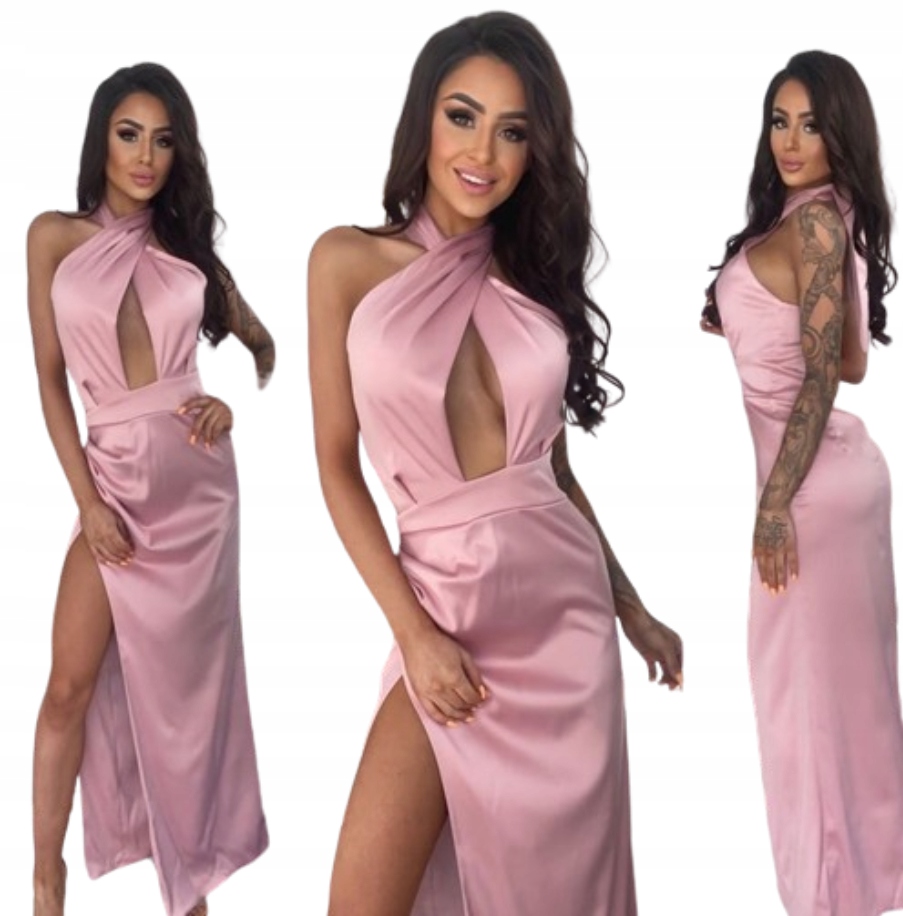 Amber Pudrová Růžová Dlouhá Saténová Šaty svatební hostina M