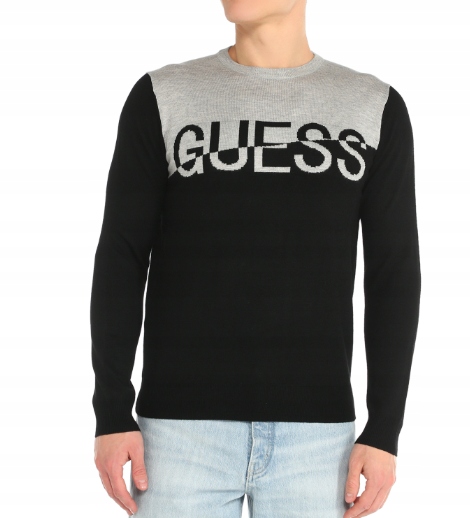 Guess Černý Pánský Svetr S Kulatým Výstřihem S Hedvábím A Vlnou M Gmi