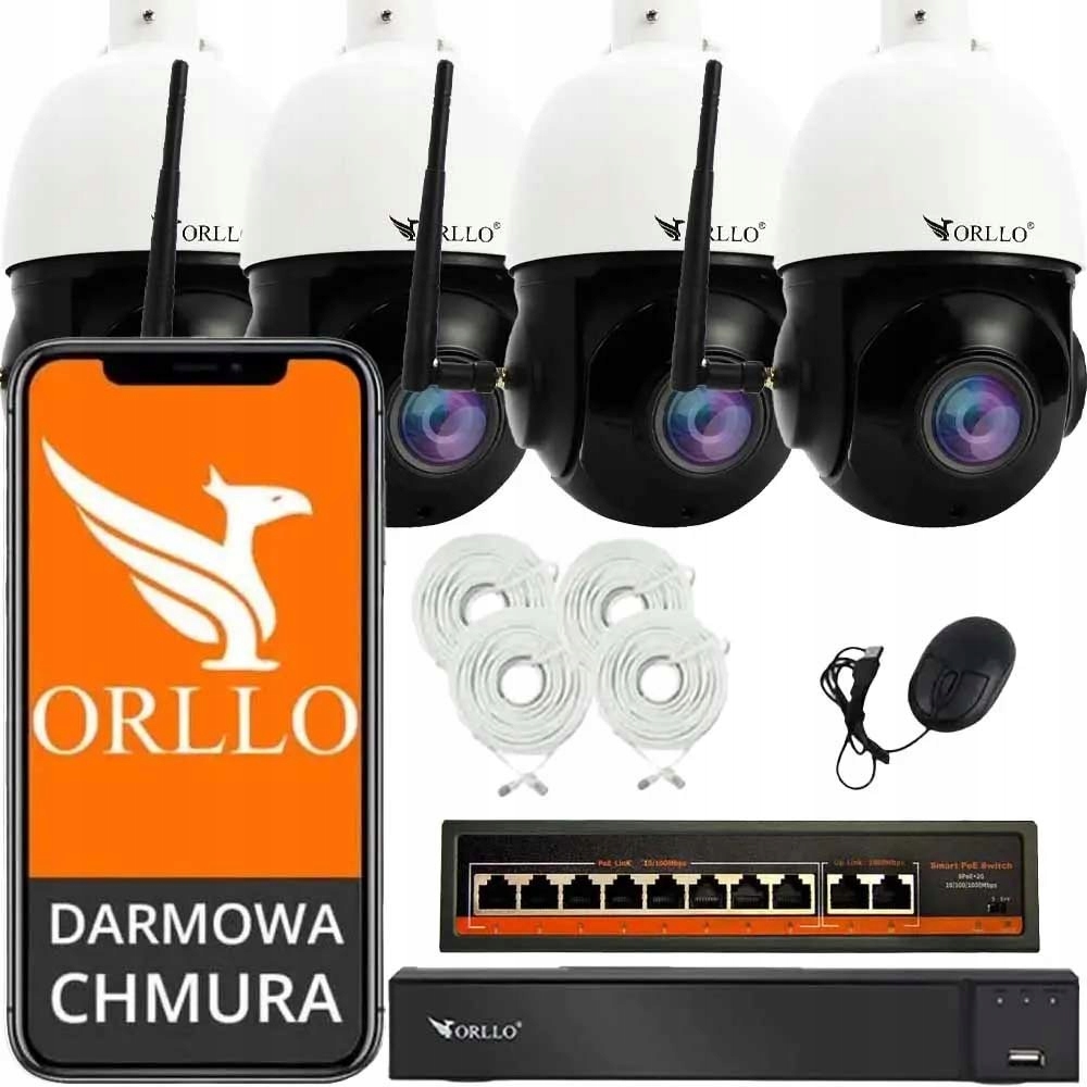 Zestaw 4 Kamer WiFi Ip PoE Bezprzewodowe Obrotowe Orllo Z10+NVR1+SWITCH SW2