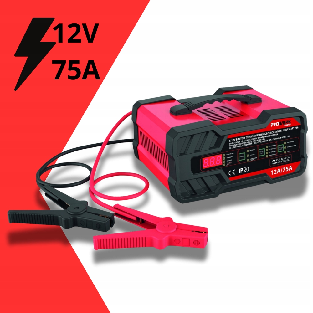 Prostownik Z Funkcją Rozruchu Ładowarka Do Akumulatora 12V 24V Booster 75A Model 75A