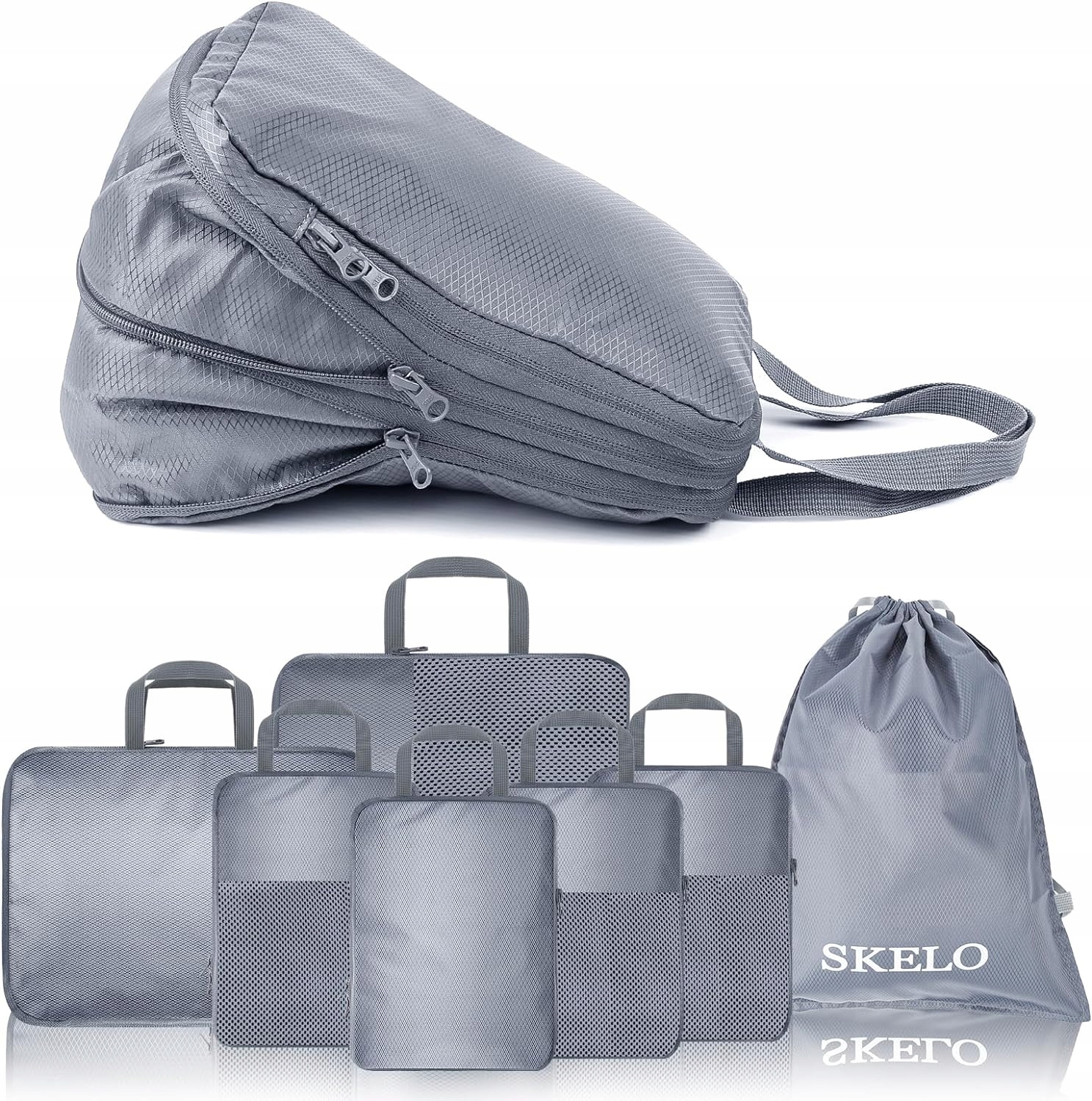 Skelo zestaw 7 sztuk organizerów do walizek, Dwuwarstwowa kompresja, Szary