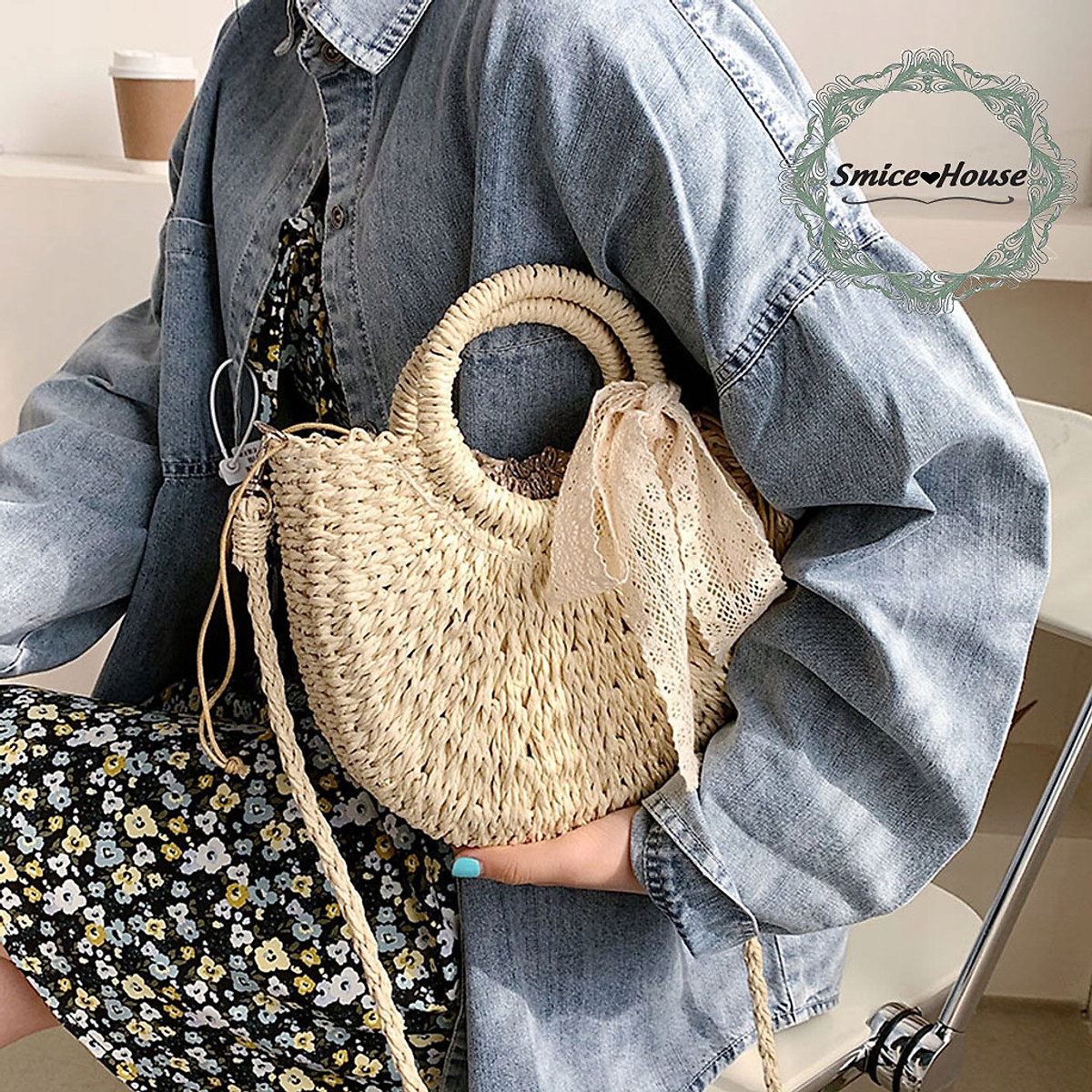 KOSZYK DO RĘKI TOREBKA NA RAMIĘ ODPINANY PASEK PLECIONA STYL ETNO KOKARDA Kolor wielokolorowy