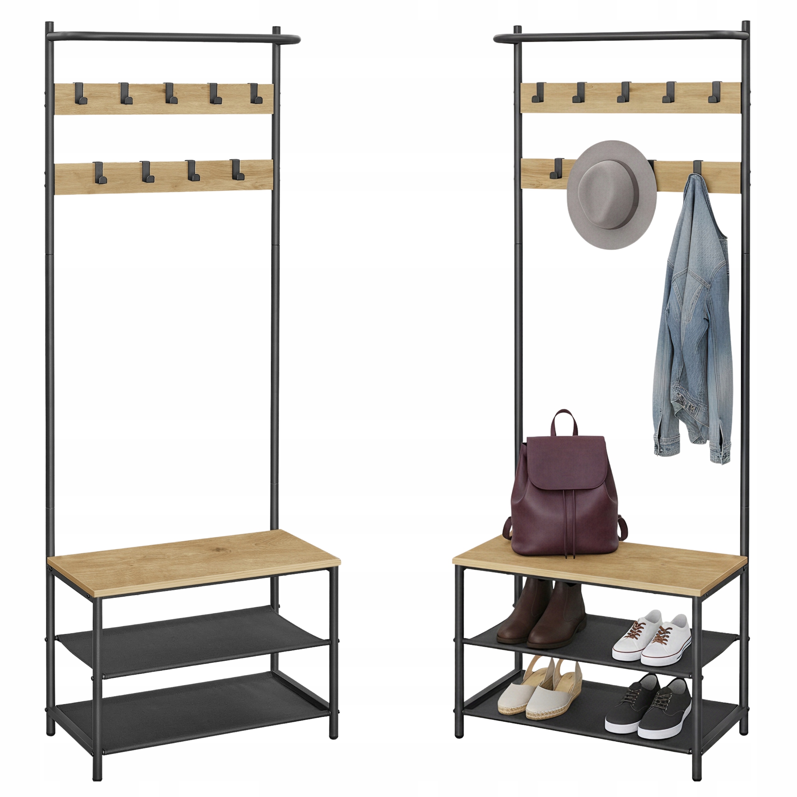 Stojací vešiak Stojan na oblečenie 180 cm 2 Police na topánky Sedadlo Artisan