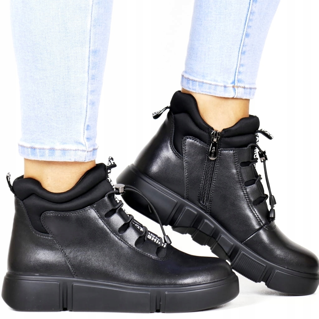 Černé Kotníkové Boty Na Koturni, Kožené Zimní Boty Zateplené Nad Kotník, Módní Top