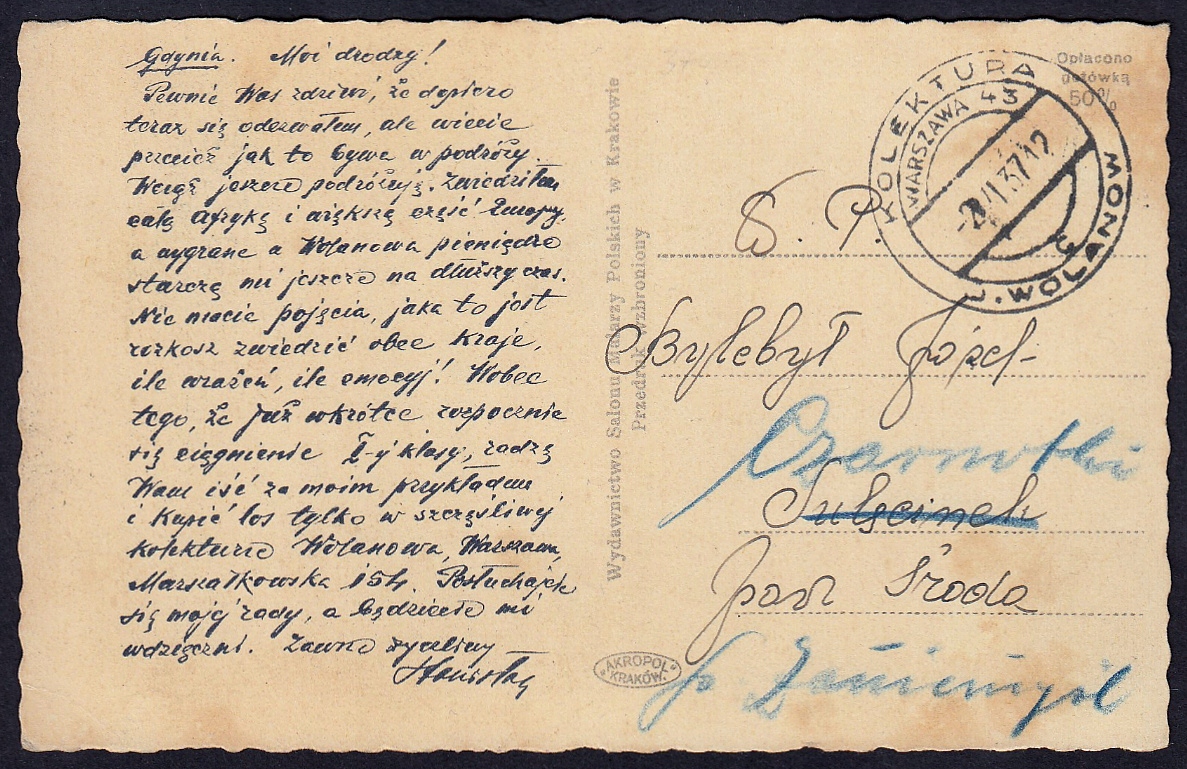 1937 POŚREDNICTWO POCZTOWE J.WOLANOW