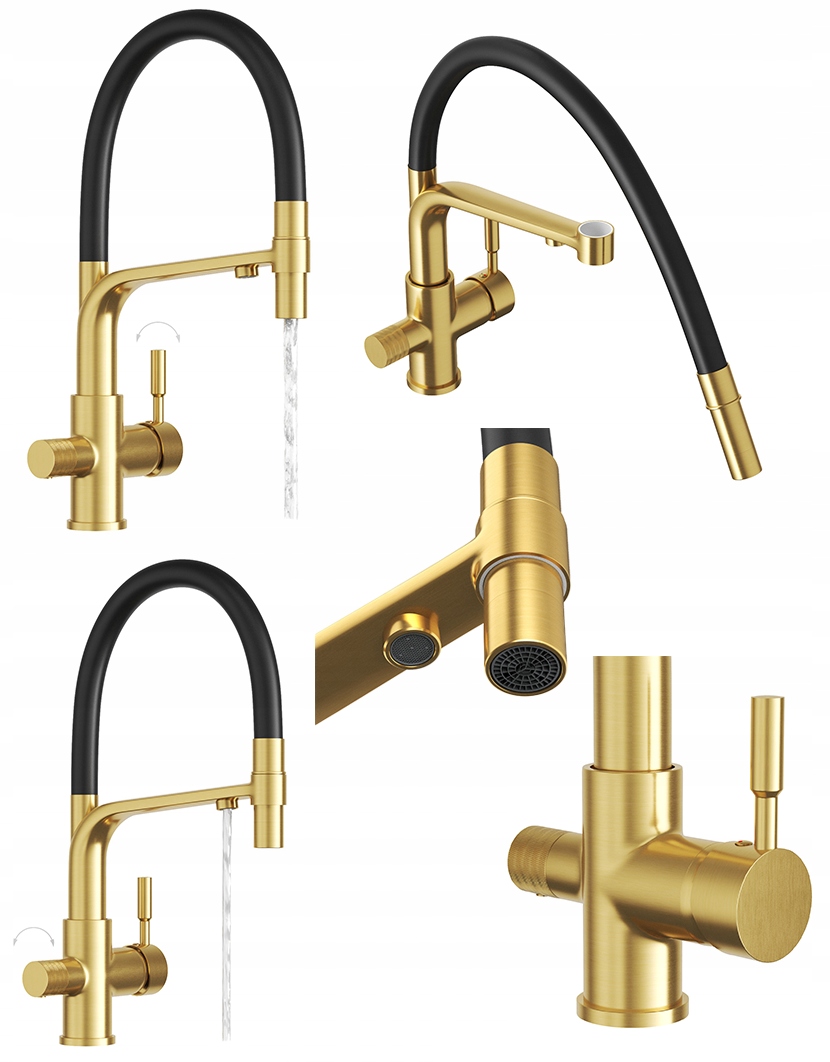 Kuchynská trojcestná batéria pre vodný filter Malta, zlatý výtokový filter