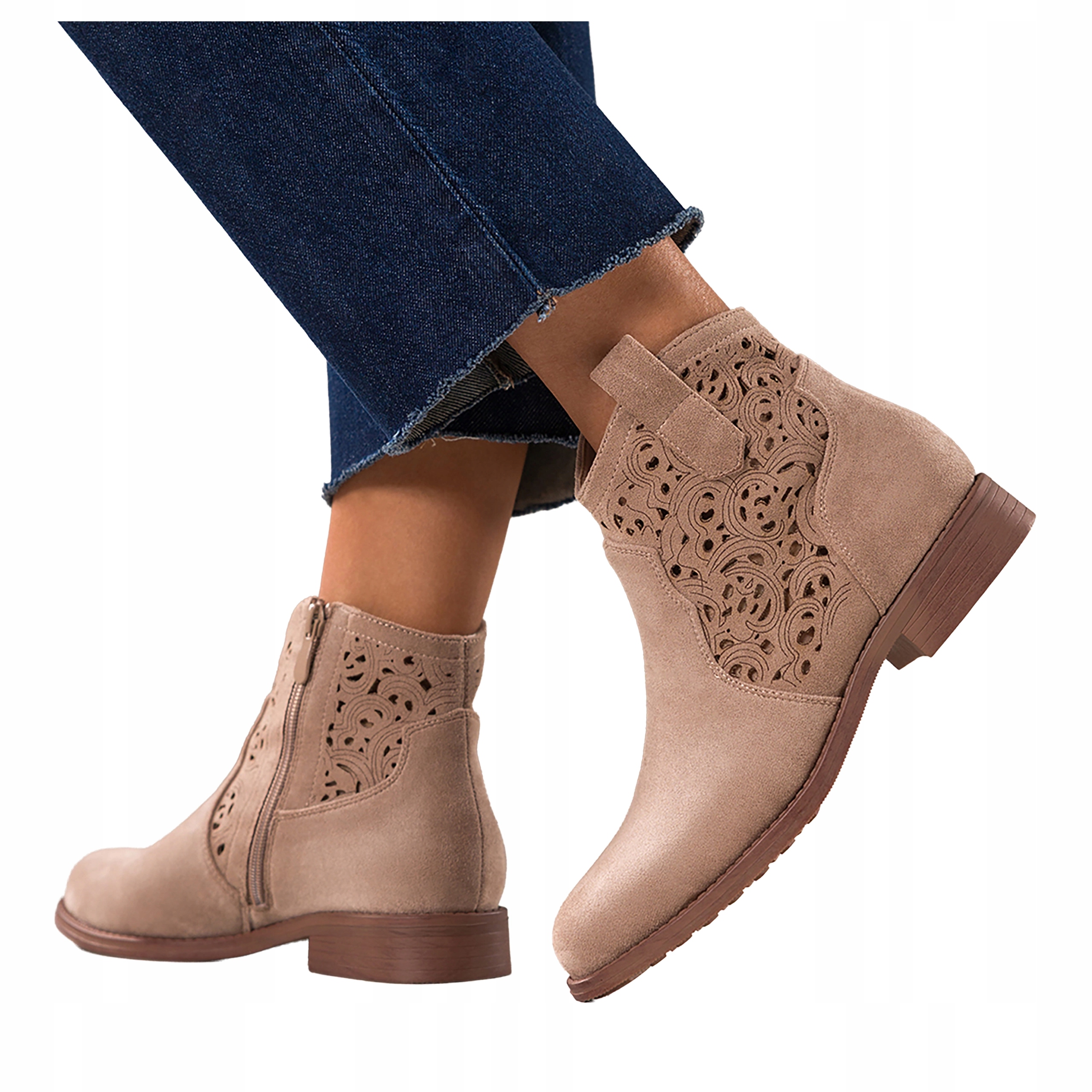 Béžové dámské kotníkové boty Ažurové Svršek Semišové Pohodlné Módní Ploché vel. 41