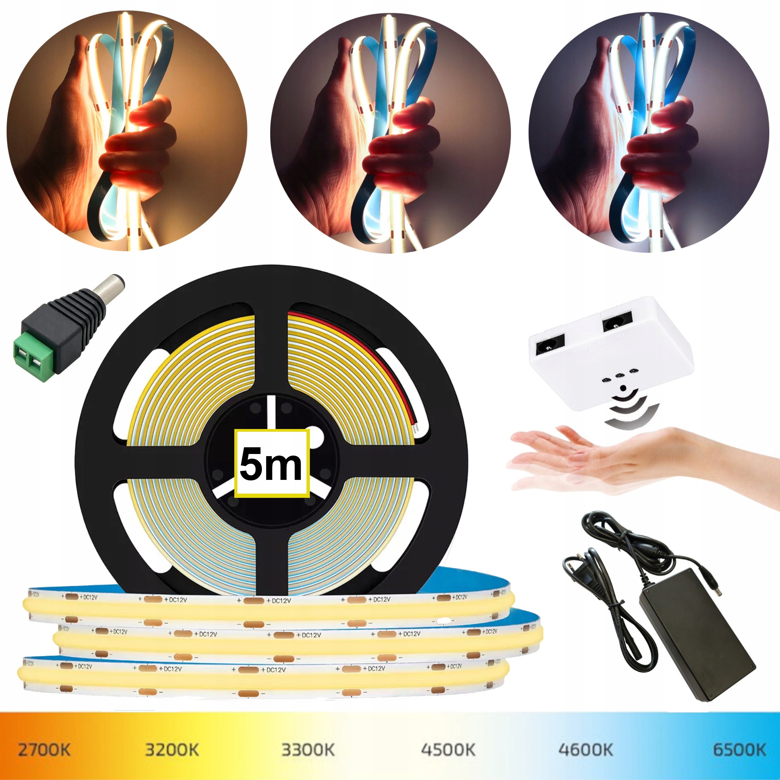 ZESTAW Taśma LED COB 5m NEON + WŁĄCZNIK SZAFKOWY ZE ŚCIEMINACZEM I ZASILACZ