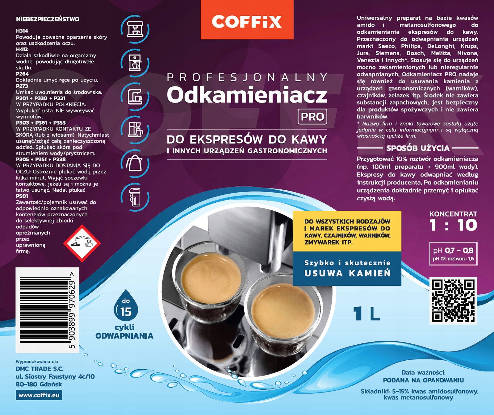 Odkamieniacz do ekspresu UNIWERSALNY COFFIX PRO 1L Waga produktu z opakowaniem jednostkowym 1.1 kg