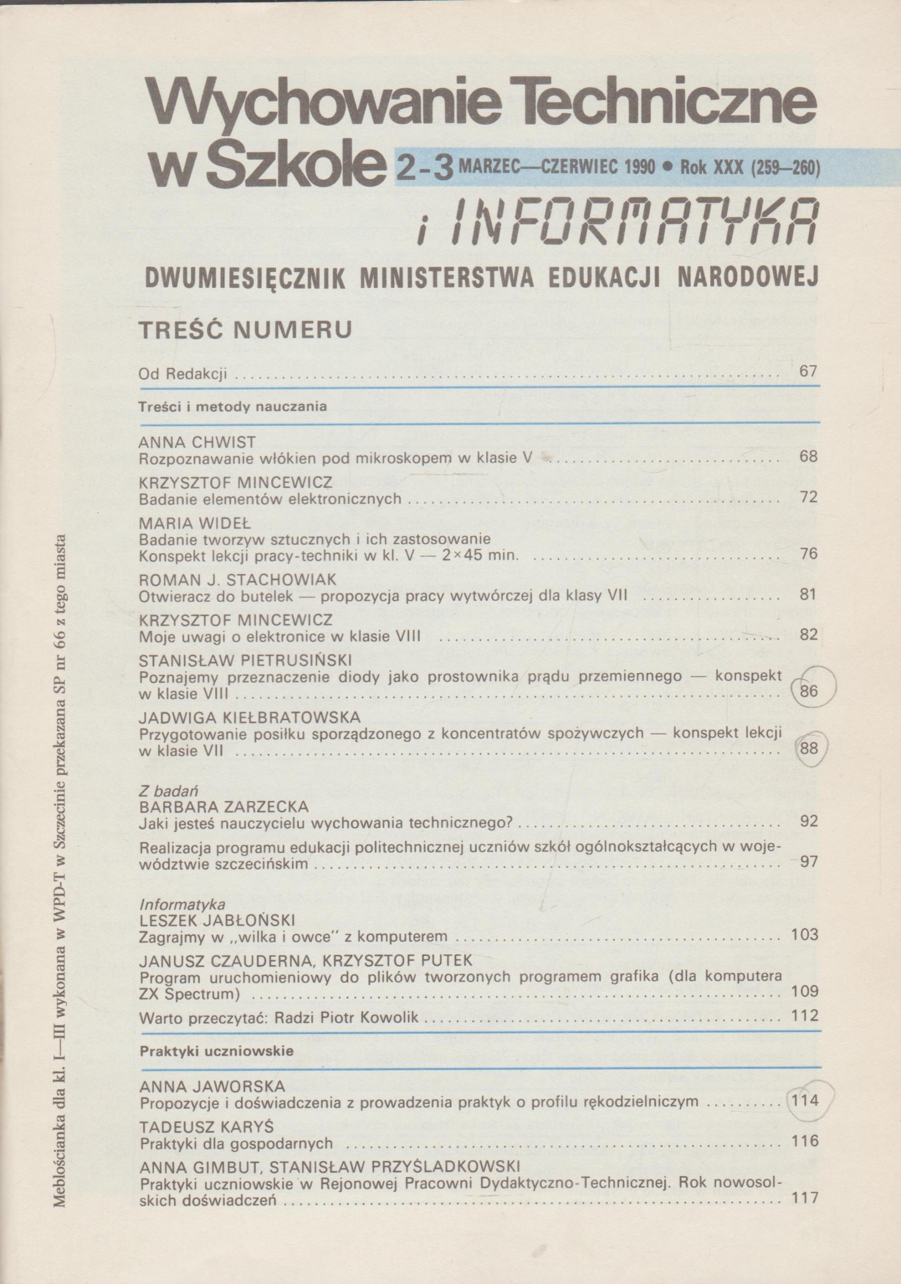 WYCHOWANIE TECHNICZNE W SZKOLE 2-3/1990 Przedmiot Informatyka, Technika