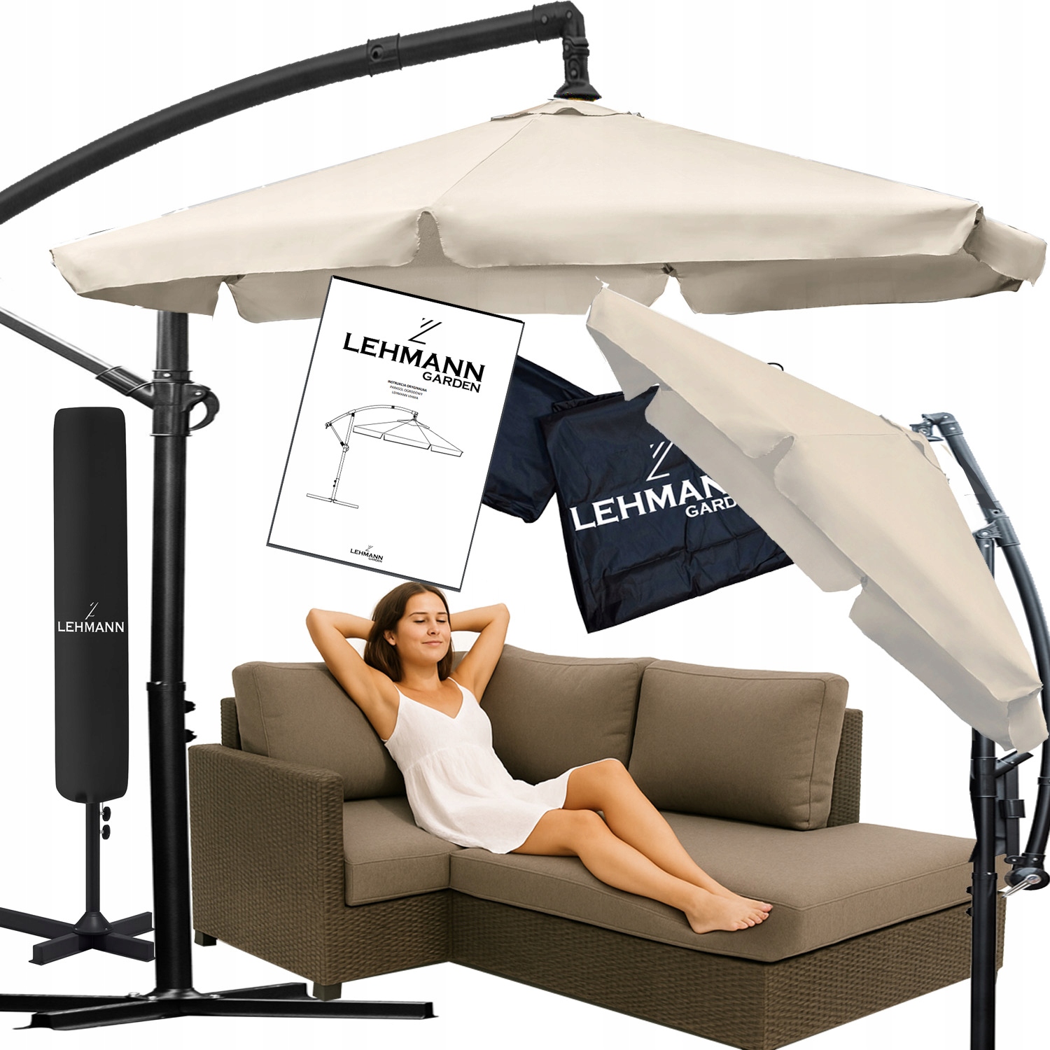 Parasol Ogrodowy Duży Składany Solidny Z Wysięgnikiem i Falbaną Pokrowiec